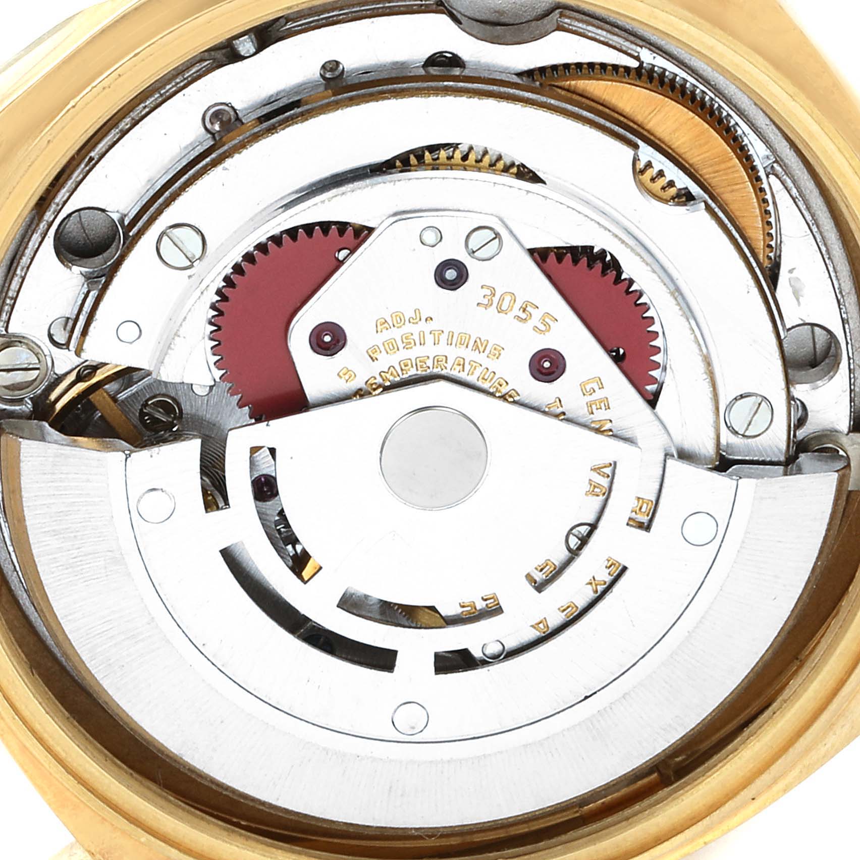 This image shows a close-up of the internal mechanical movement of a Rolex President 18038 Men's Yellow Gold Champagne Dial 18038 Men's Yellow Gold Champagne Dial model watch, viewed from the back.
