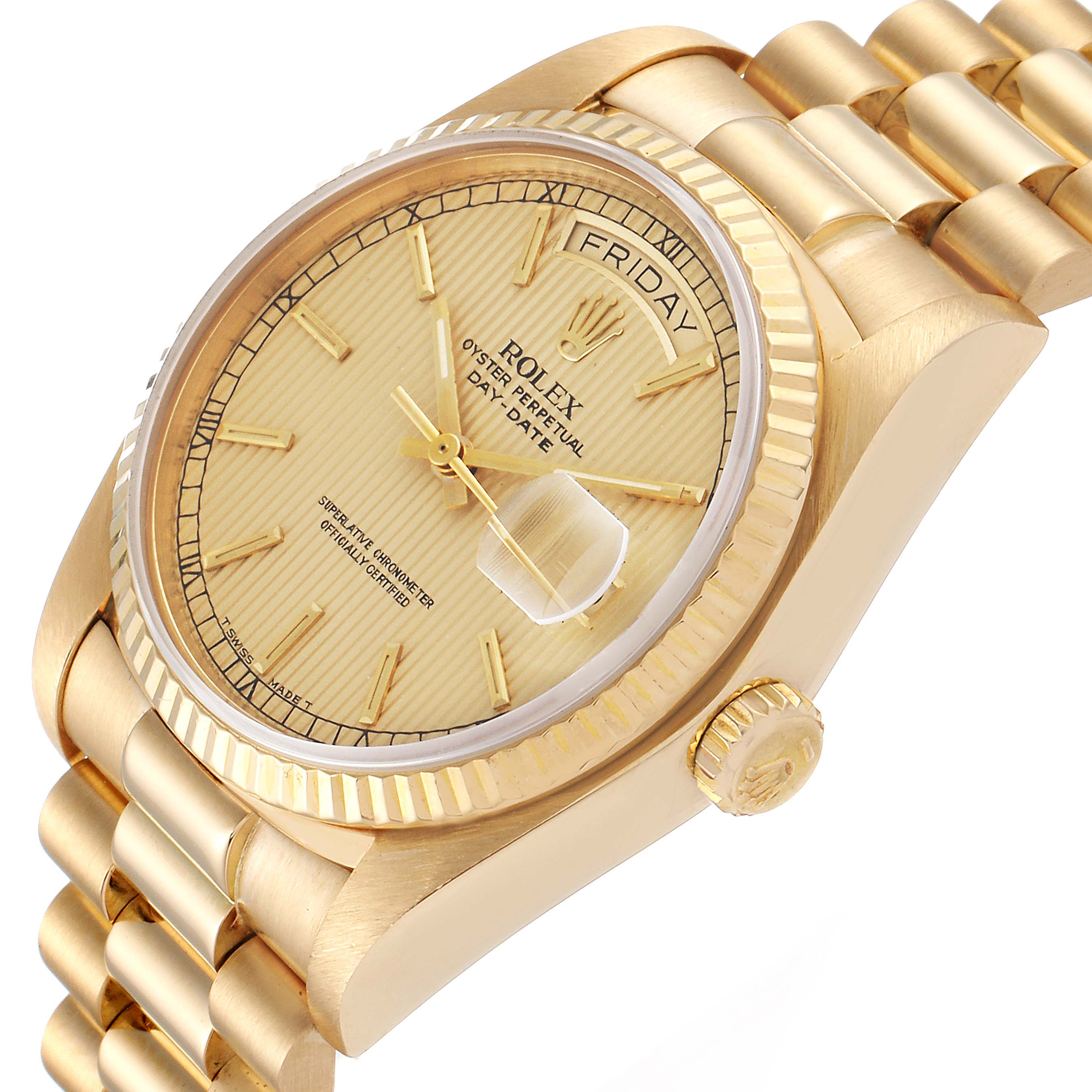 The image shows the Rolex President 18038 Men's Yellow Gold Champagne Dial 18038 Men's Yellow Gold Champagne Dial watch, angled to display its gold case, dial, fluted bezel, day/date windows, and bracelet.
