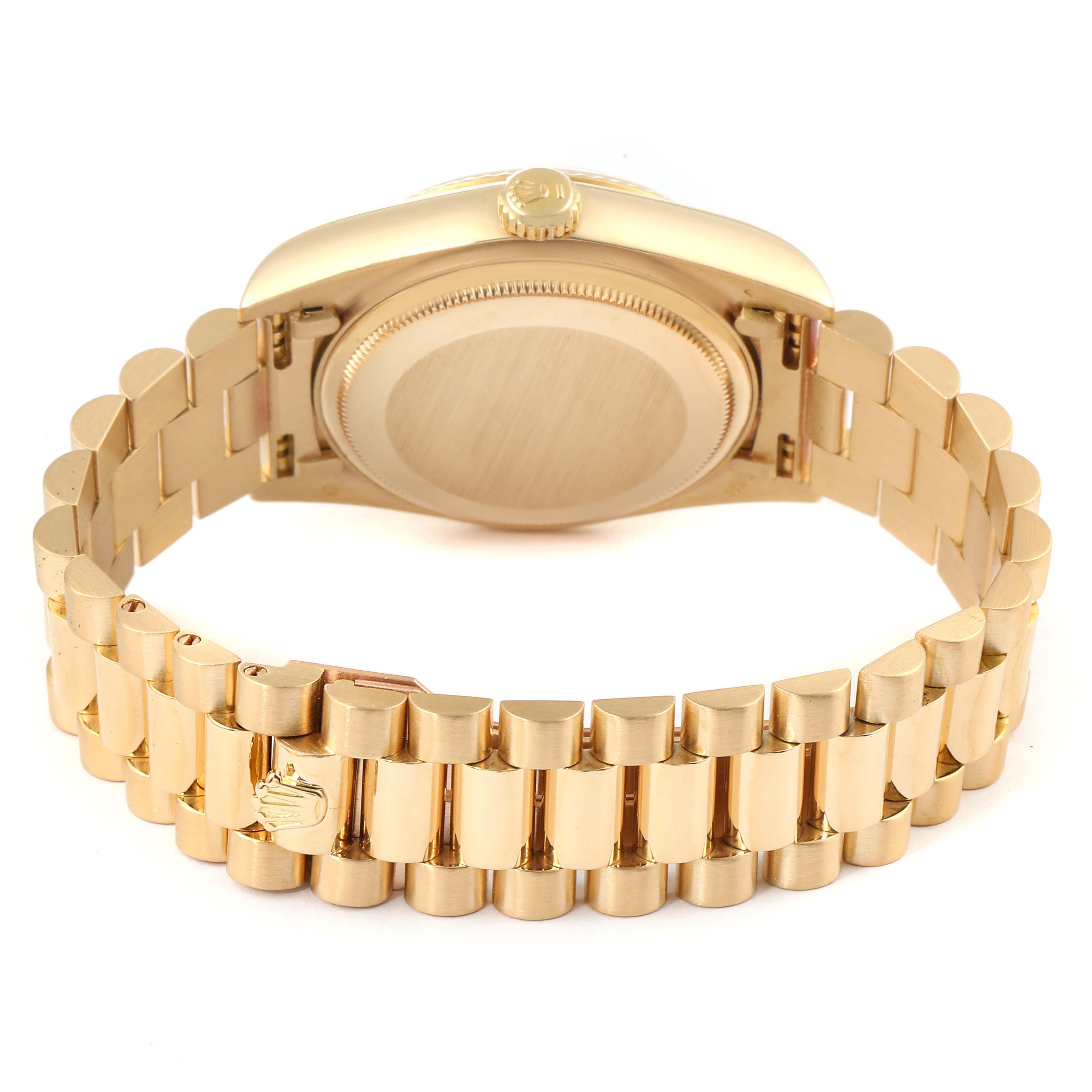 This image shows the back view of a Rolex President 18038 Men's Yellow Gold Champagne Dial 18038 Men's Yellow Gold Champagne Dial model watch, highlighting its golden bracelet and case back.