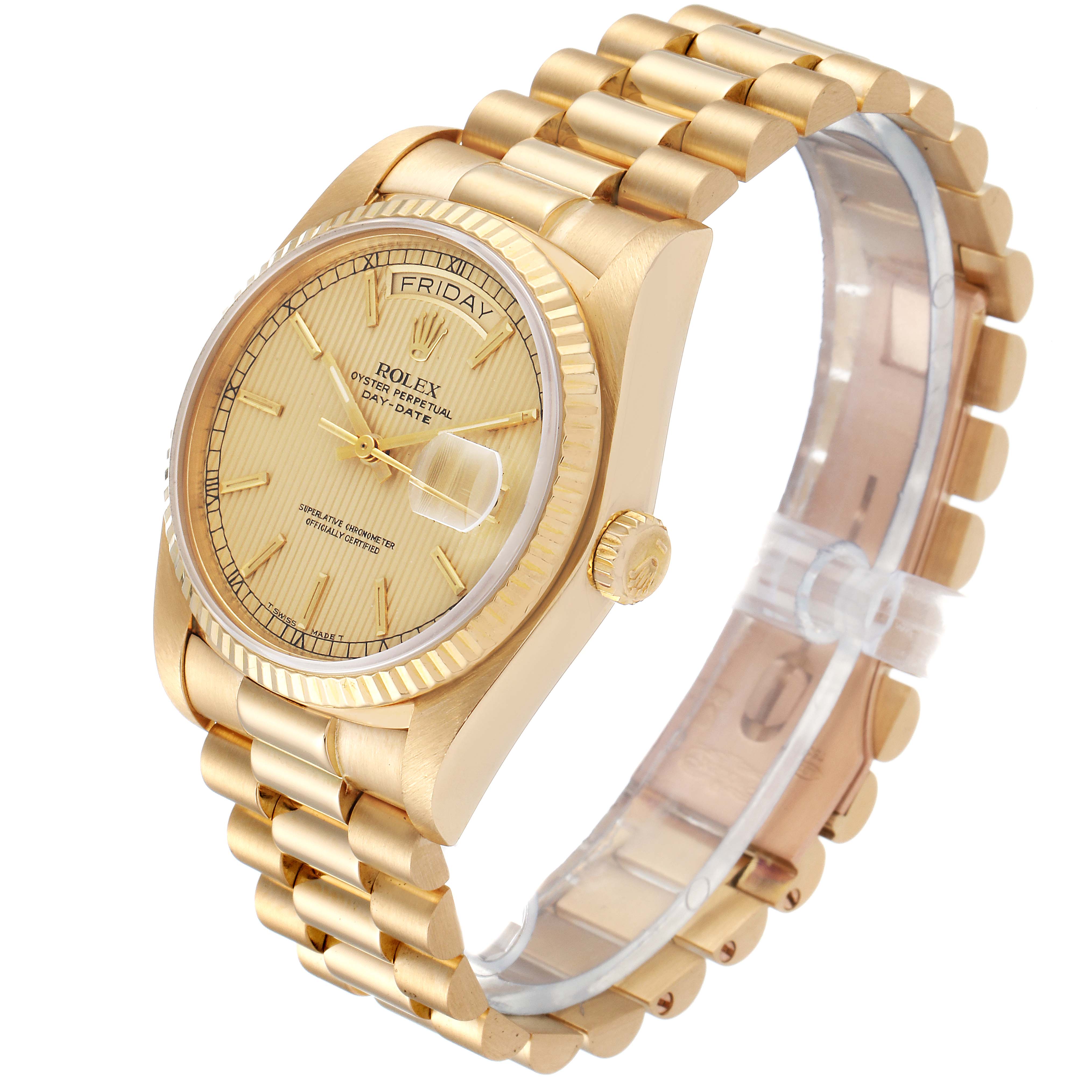 The Rolex President 18038 Men's Yellow Gold Champagne Dial 18038 Men's Yellow Gold Champagne Dial model is shown at an angle displaying the face, band, case, and crown in a gold finish.