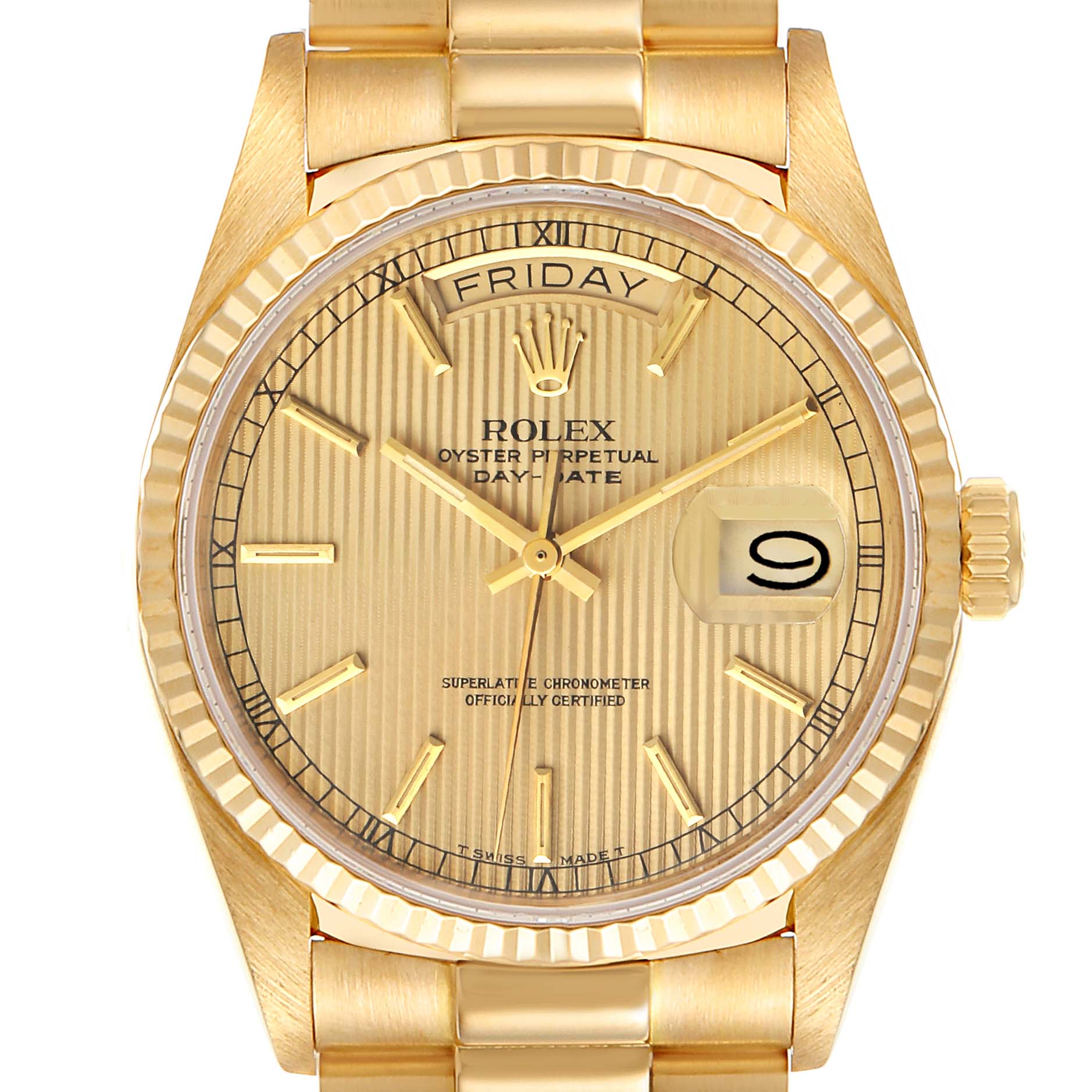 The image shows the face and part of the bracelet of a Rolex President 18038 Men's Yellow Gold Champagne Dial 18038 Men's Yellow Gold Champagne Dial model watch, highlighting the day and date features.