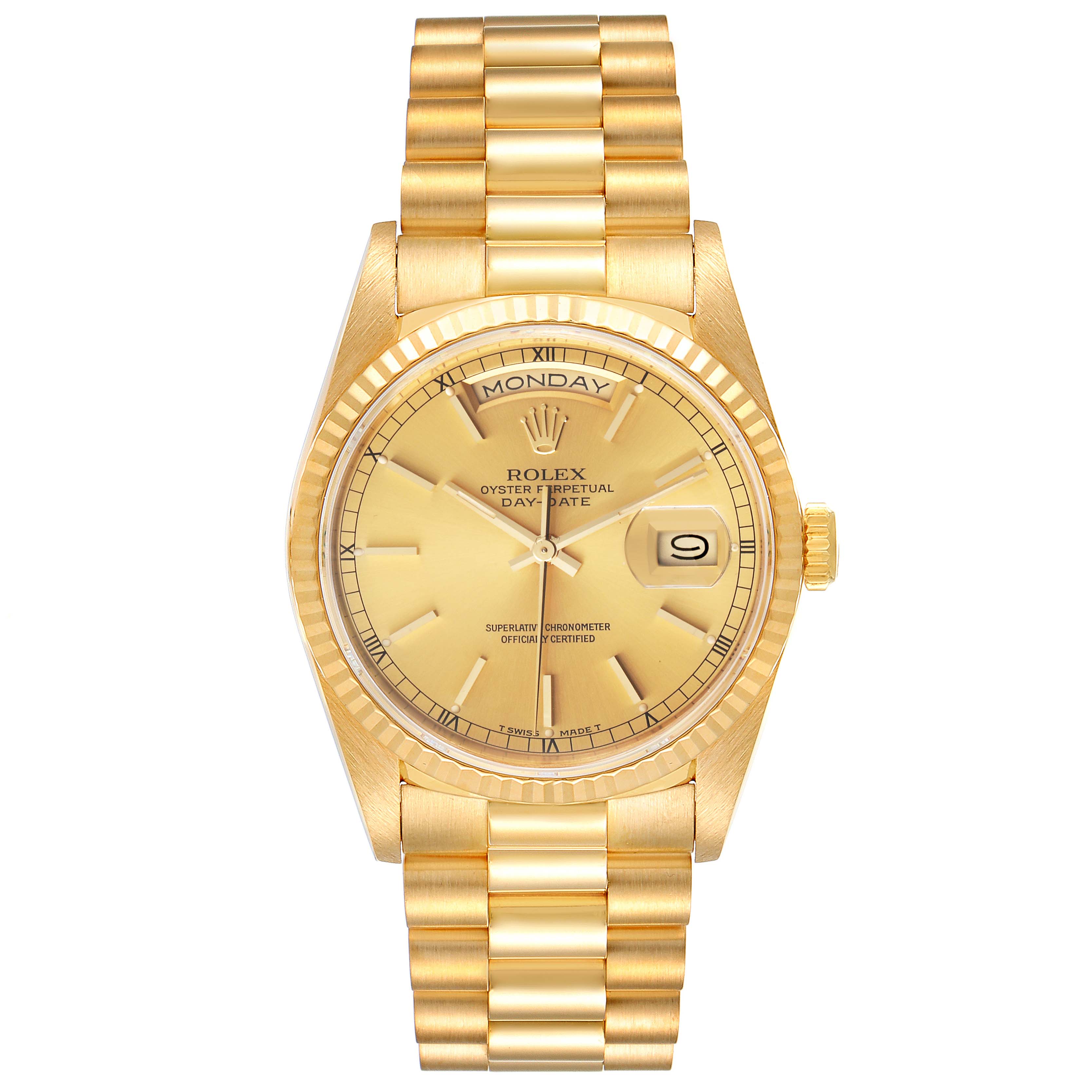 The image shows a Rolex President 18238 Men's Yellow Gold Champagne Dial 18238 Men's Yellow Gold Champagne Dial model watch from a front view, highlighting its dial, bezel, and bracelet.