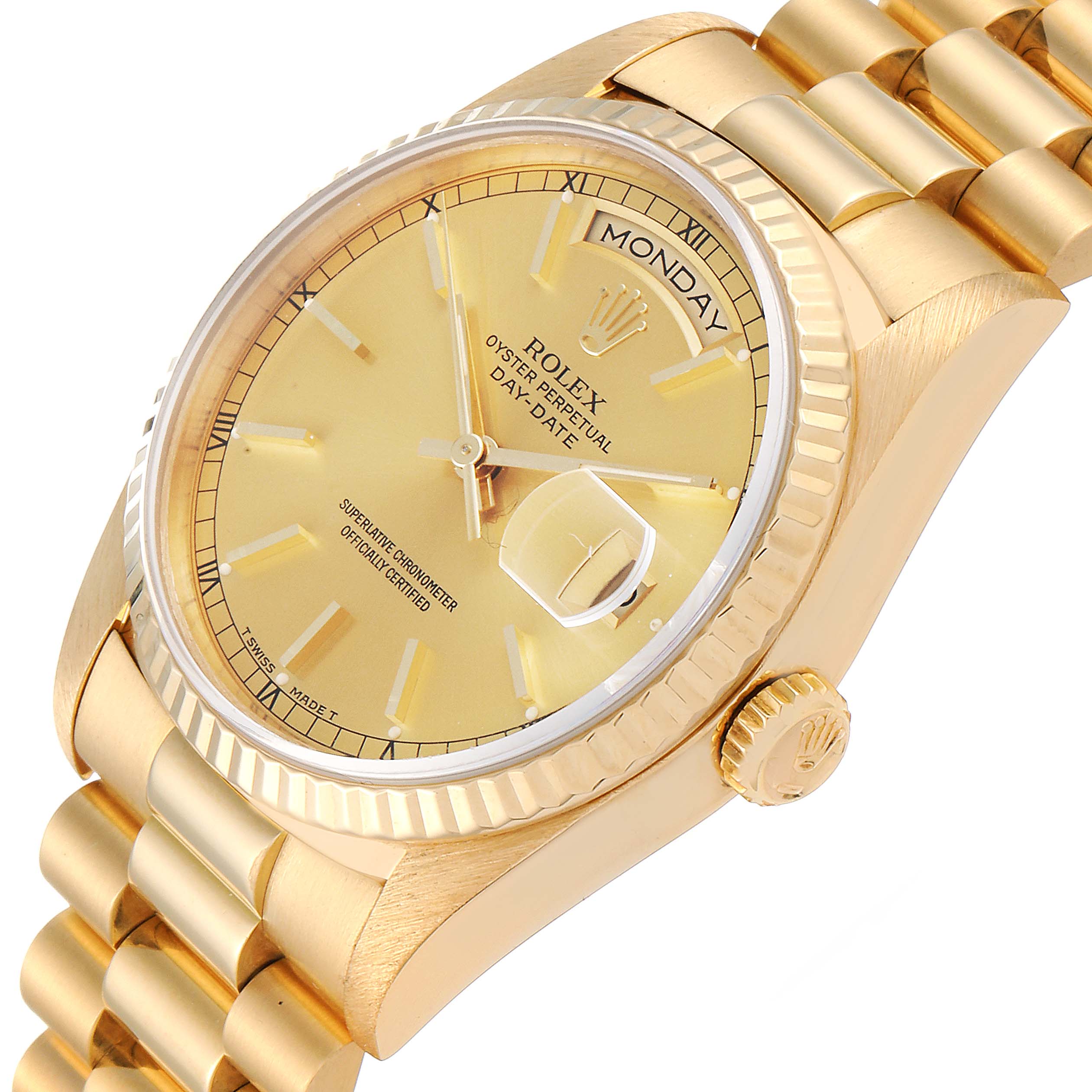 The image shows a close-up, angled view of the face, bezel, and part of the bracelet of a Rolex President 18238 Men's Yellow Gold Champagne Dial 18238 Men's Yellow Gold Champagne Dial model watch.