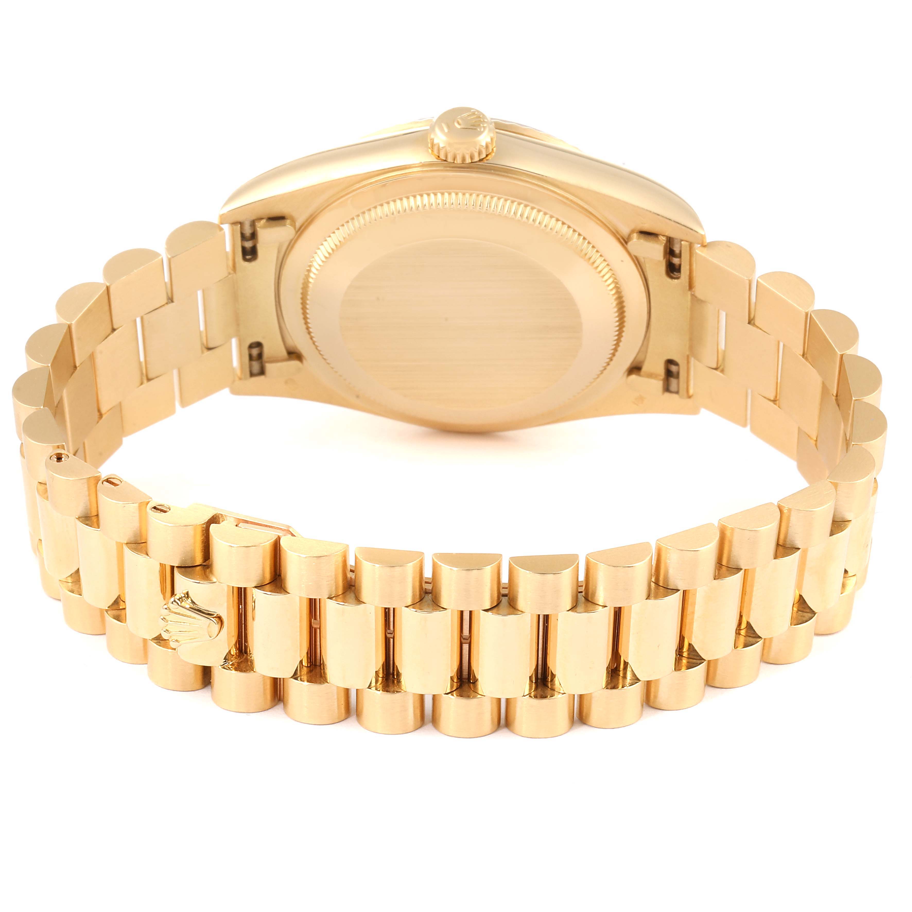 This image shows the back and bracelet of a Rolex President 18238 Men's Yellow Gold Champagne Dial 18238 Men's Yellow Gold Champagne Dial model watch in a gold finish.