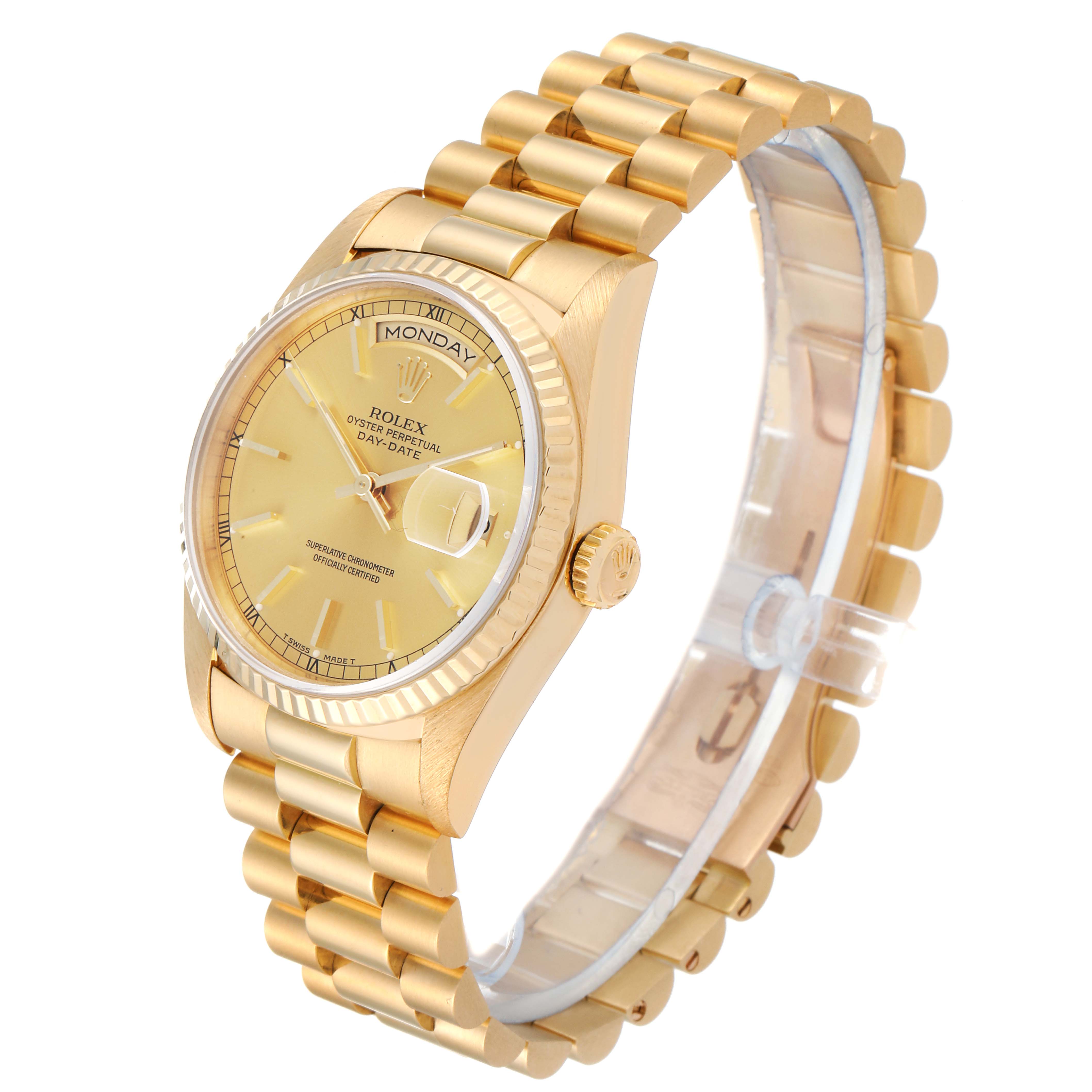 The image shows a side angle of the Rolex President 18238 Men's Yellow Gold Champagne Dial 18238 Men's Yellow Gold Champagne Dial watch, highlighting its gold bracelet, fluted bezel, and day-date display.