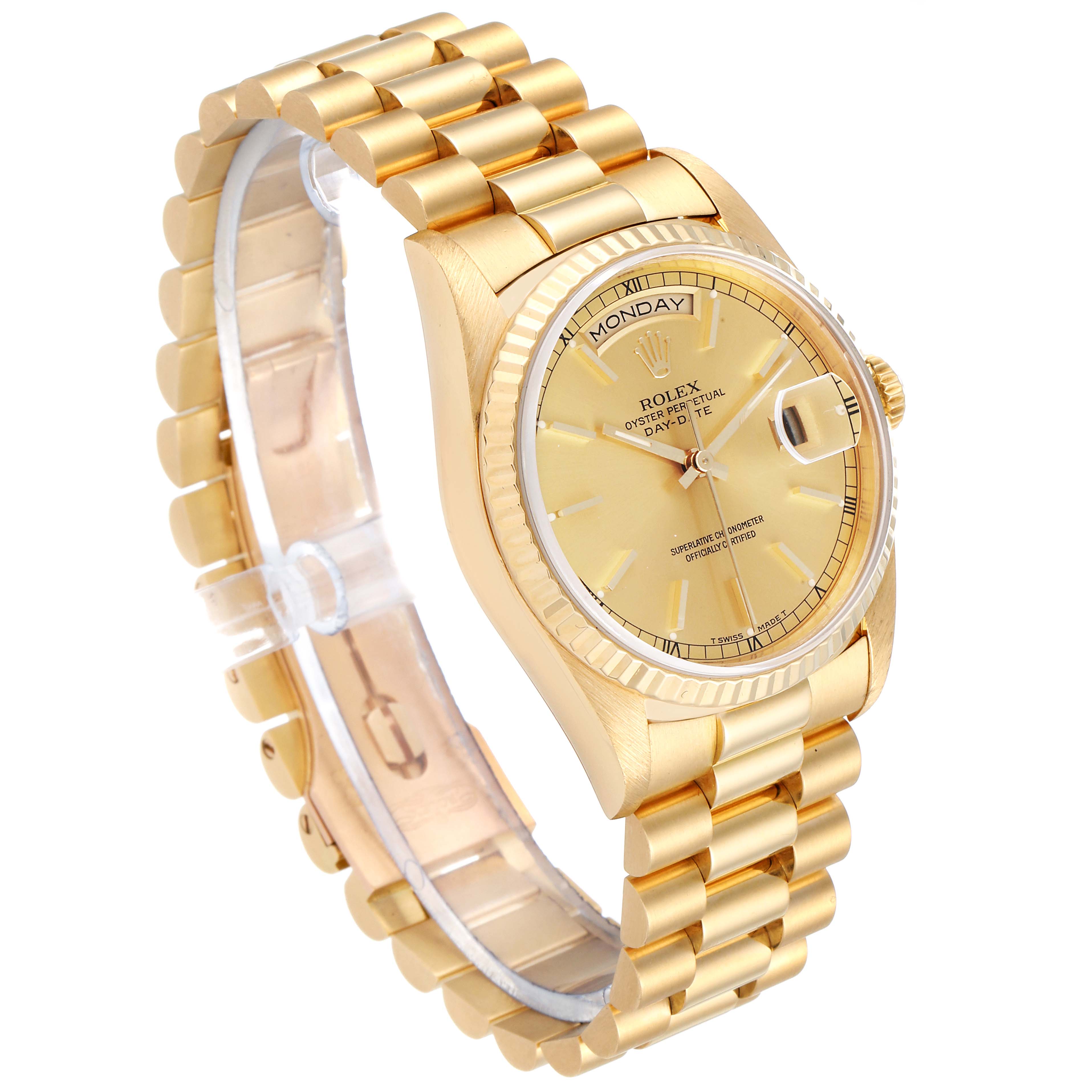 The image shows a Rolex President 18238 Men's Yellow Gold Champagne Dial 18238 Men's Yellow Gold Champagne Dial model watch at a three-quarter angle, revealing the face, bezel, and bracelet.