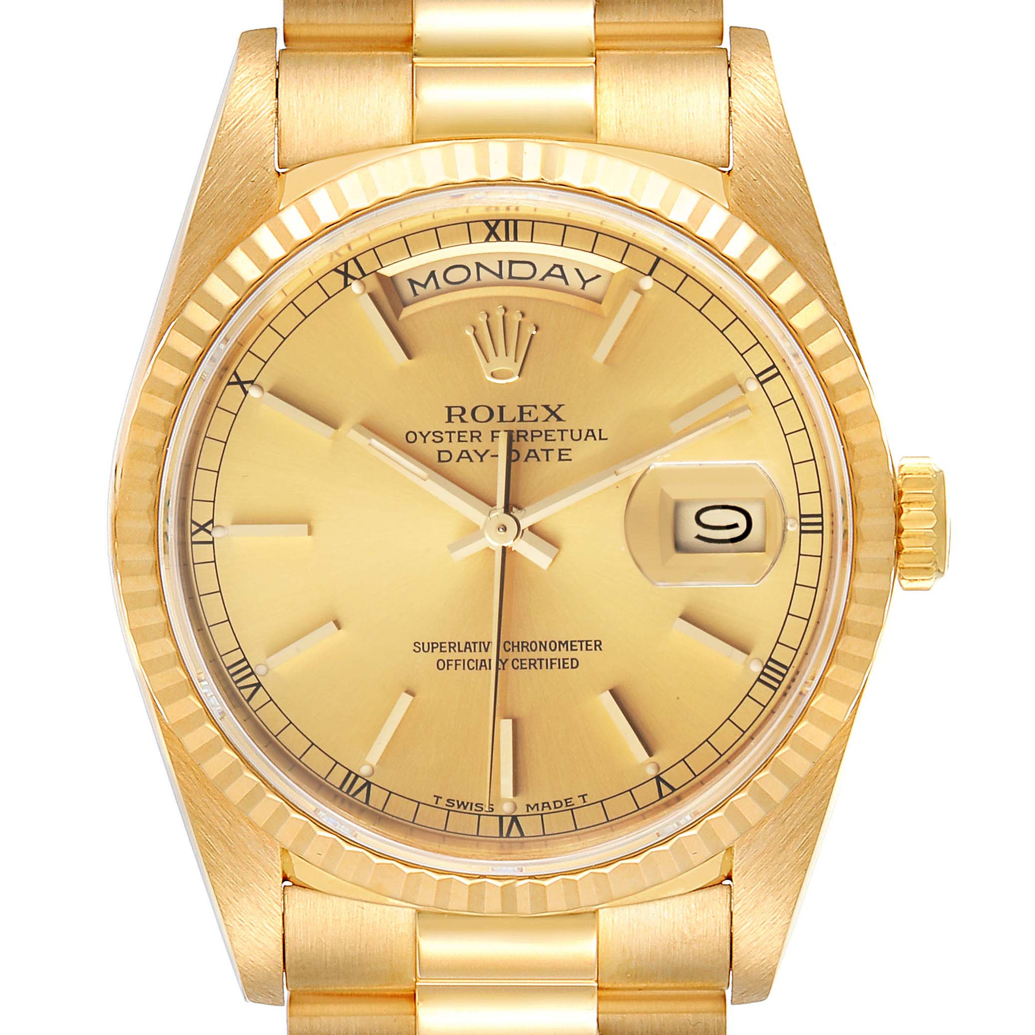 The image shows a front view of the Rolex President 18238 Men's Yellow Gold Champagne Dial 18238 Men's Yellow Gold Champagne Dial Oyster Perpetual Day-Date watch, highlighting the dial, case, bezel, and bracelet.