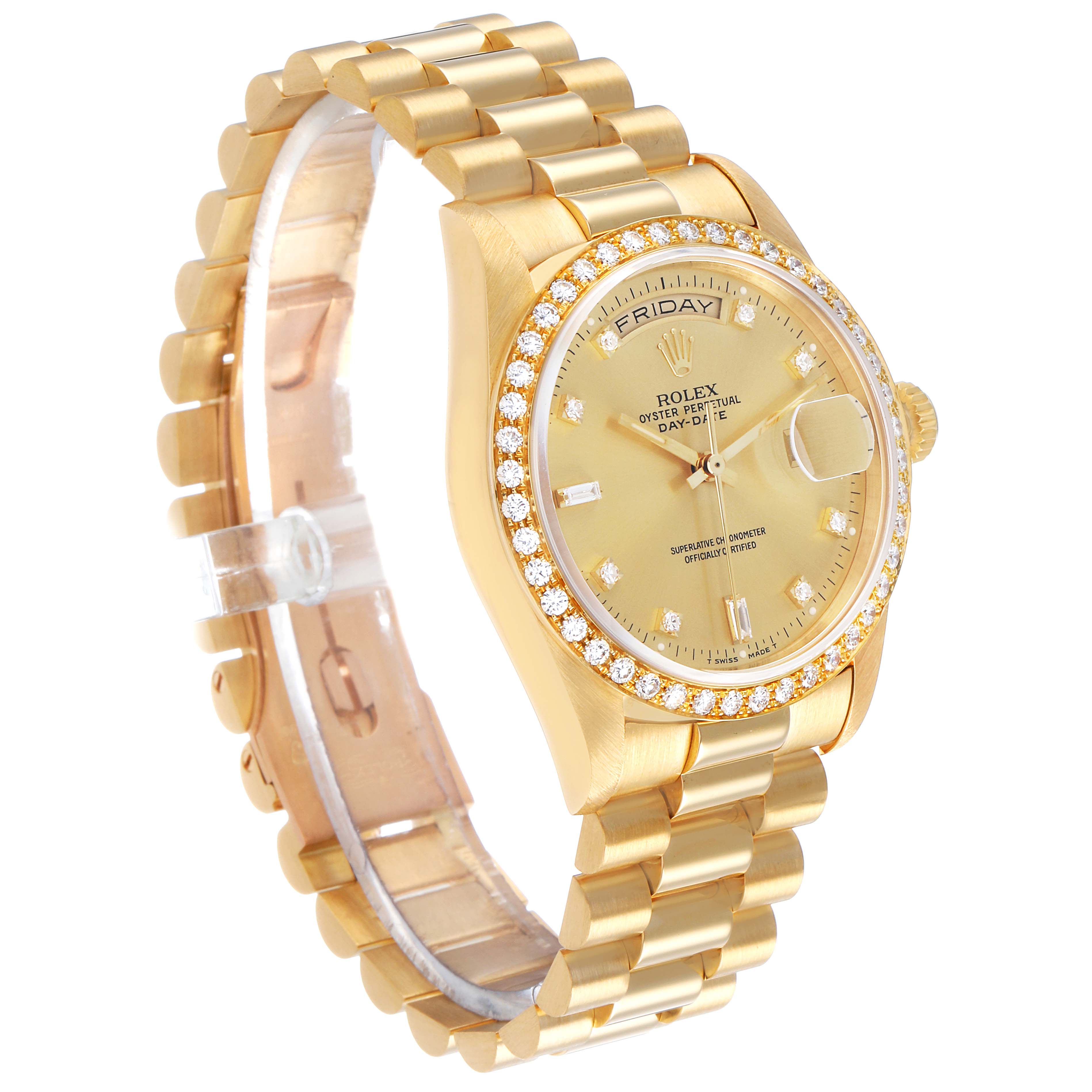 The Rolex President 18348 Men's Yellow Gold Champagne Dial model is shown at a three-quarter angle, highlighting the diamond bezel, dial, and Presidential bracelet.