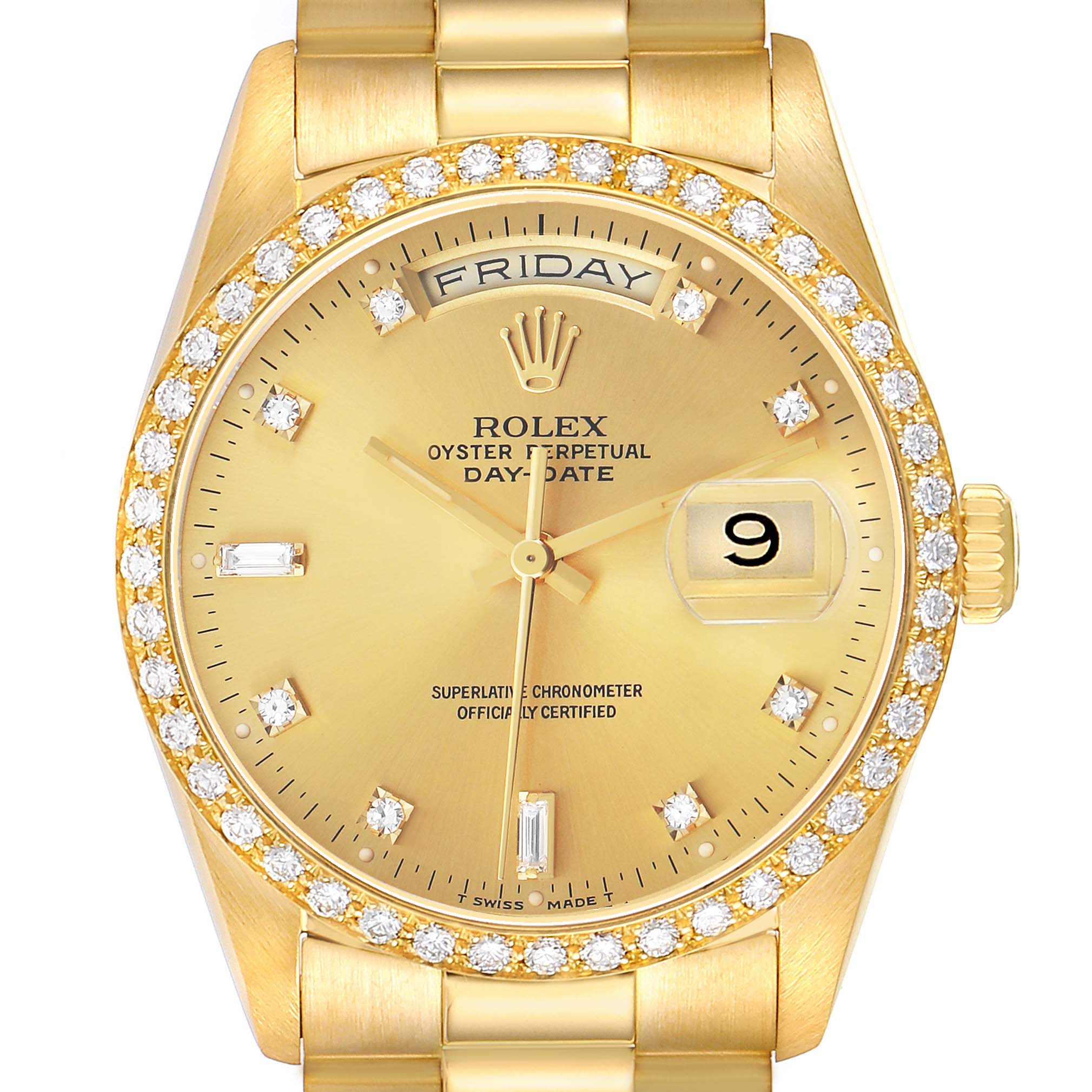 The Rolex President 18348 Men's Yellow Gold Champagne Dial model watch is shown from a front angle, displaying the dial, bezel, bracelet, and crown.