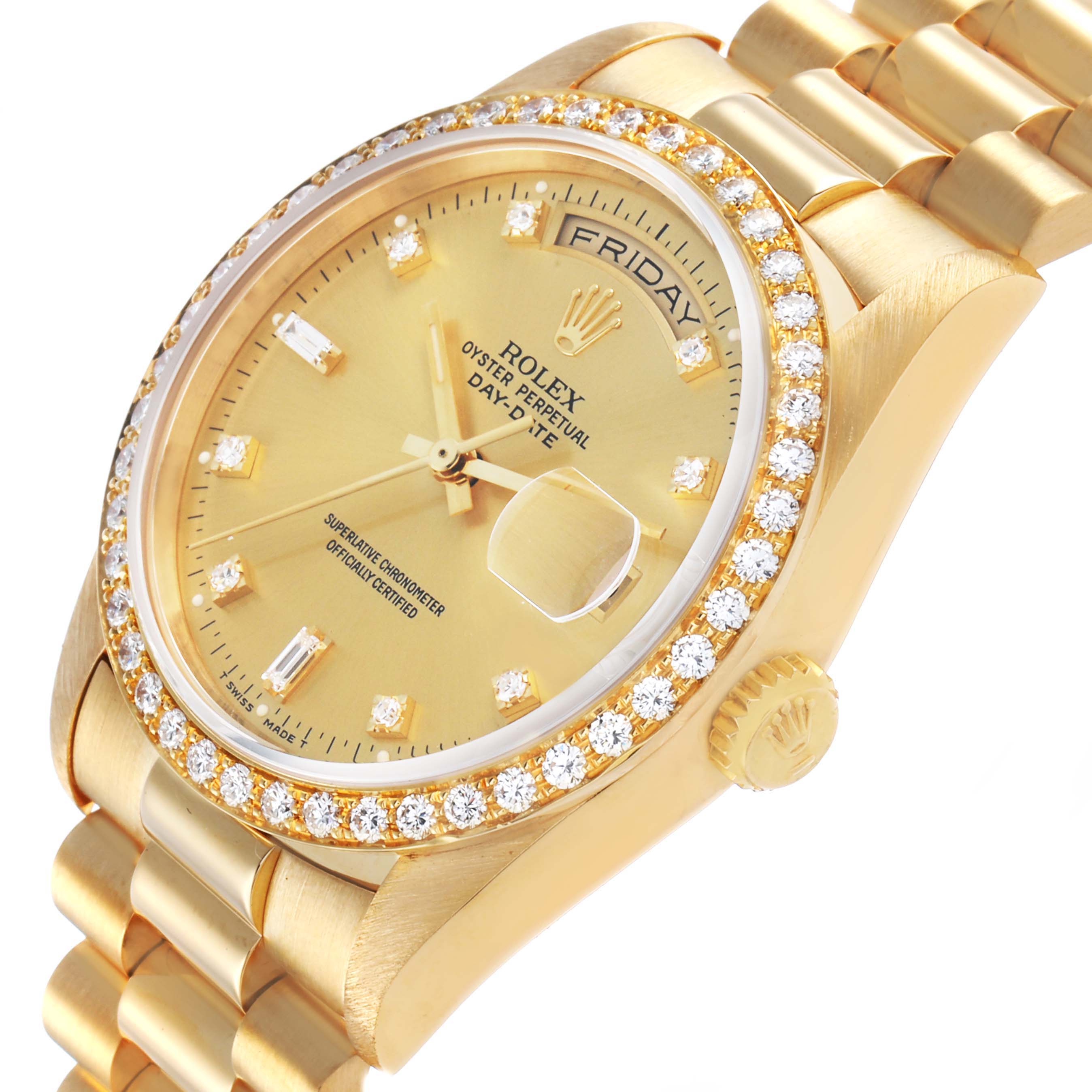 The Rolex President 18348 Men's Yellow Gold Champagne Dial model is shown at a slight angle, displaying its diamond-studded bezel, dial, and bracelet.