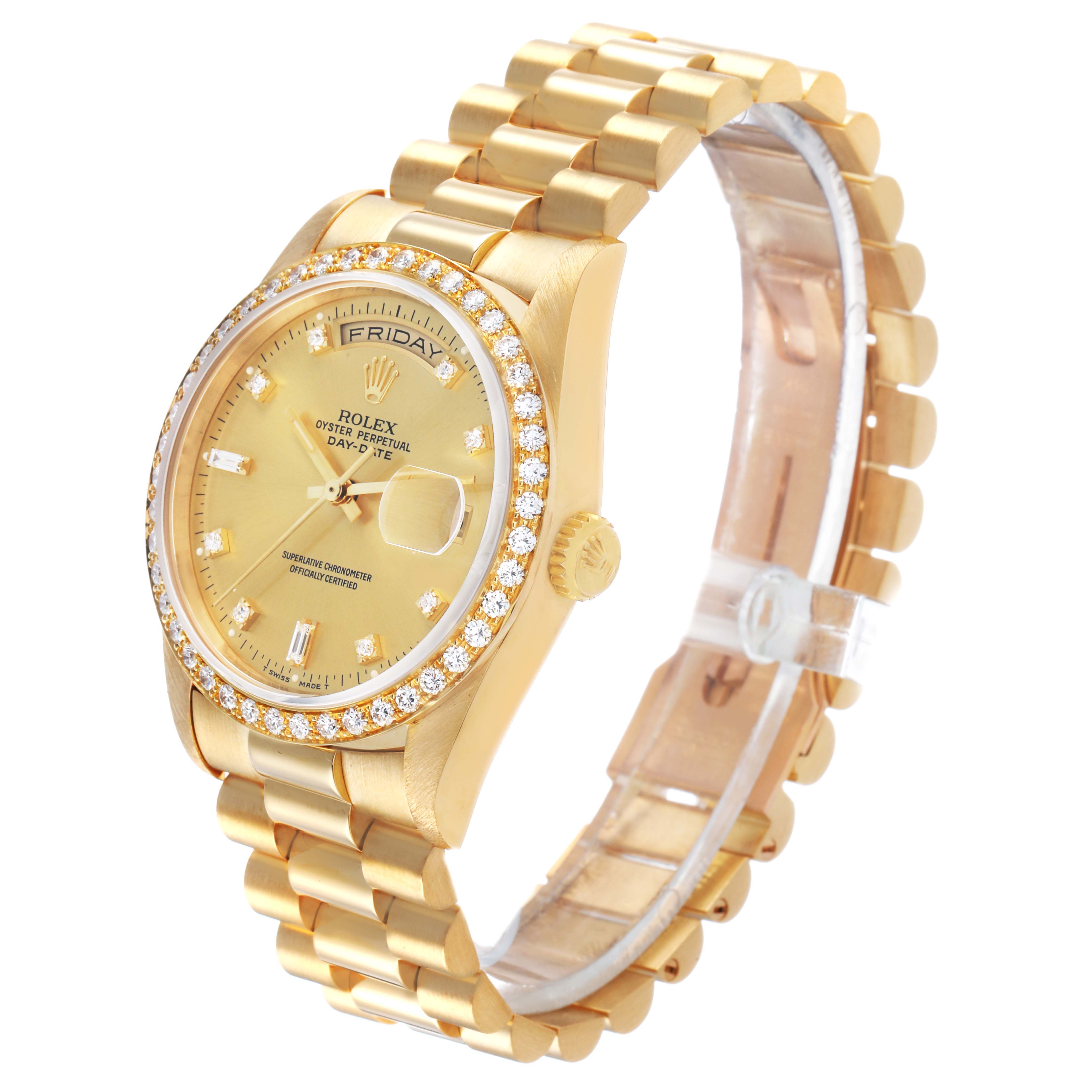 The Rolex President 18348 Men's Yellow Gold Champagne Dial watch is shown at a left side angle, displaying the face, bezel, bracelet, and crown.