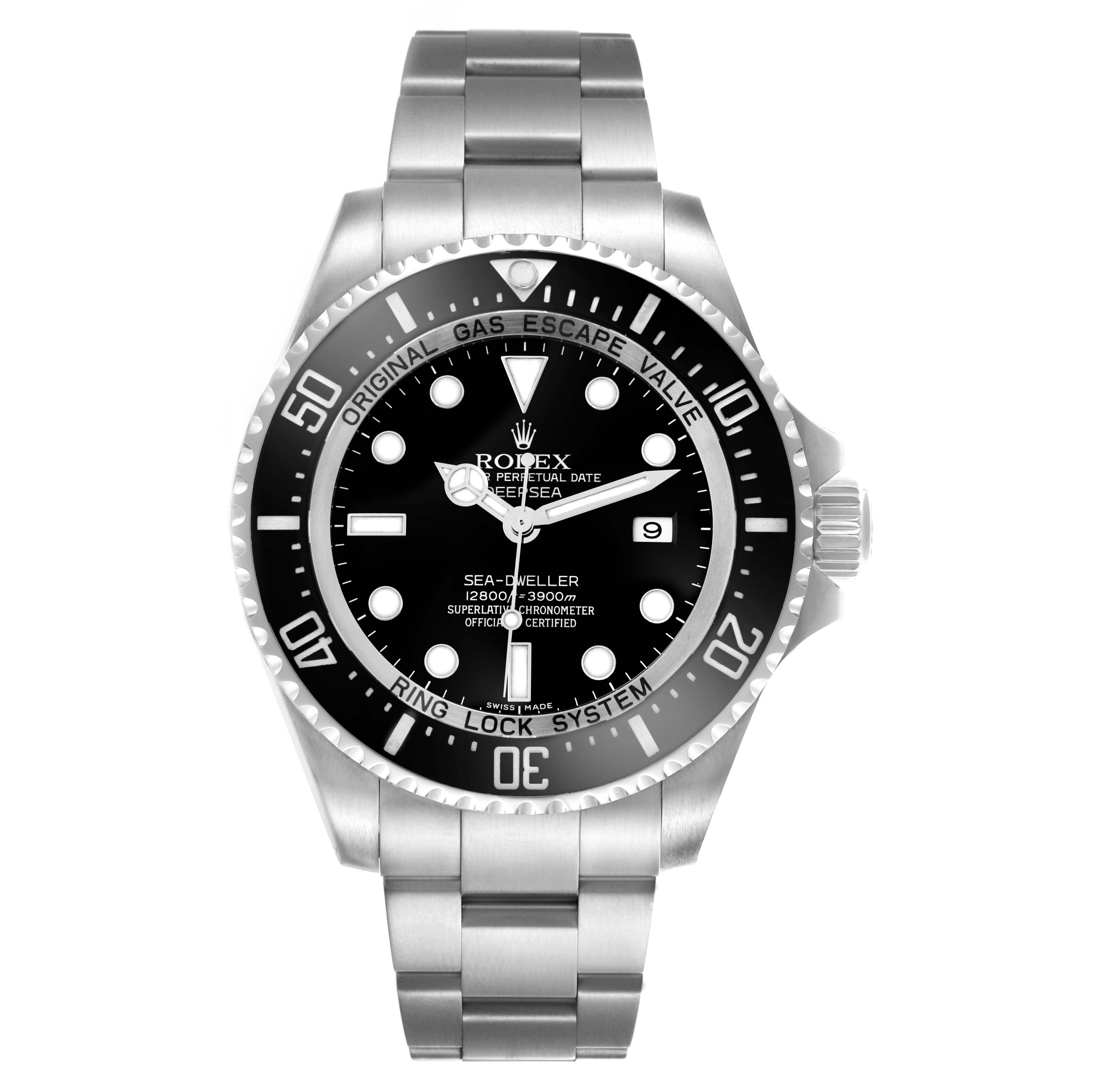 The Rolex Sea-Dweller 116660 Men's Stainless Steel Black Dial 116660 Men's Stainless Steel Black Dial watch is shown from a front angle, highlighting the bezel, dial, hands, and bracelet.