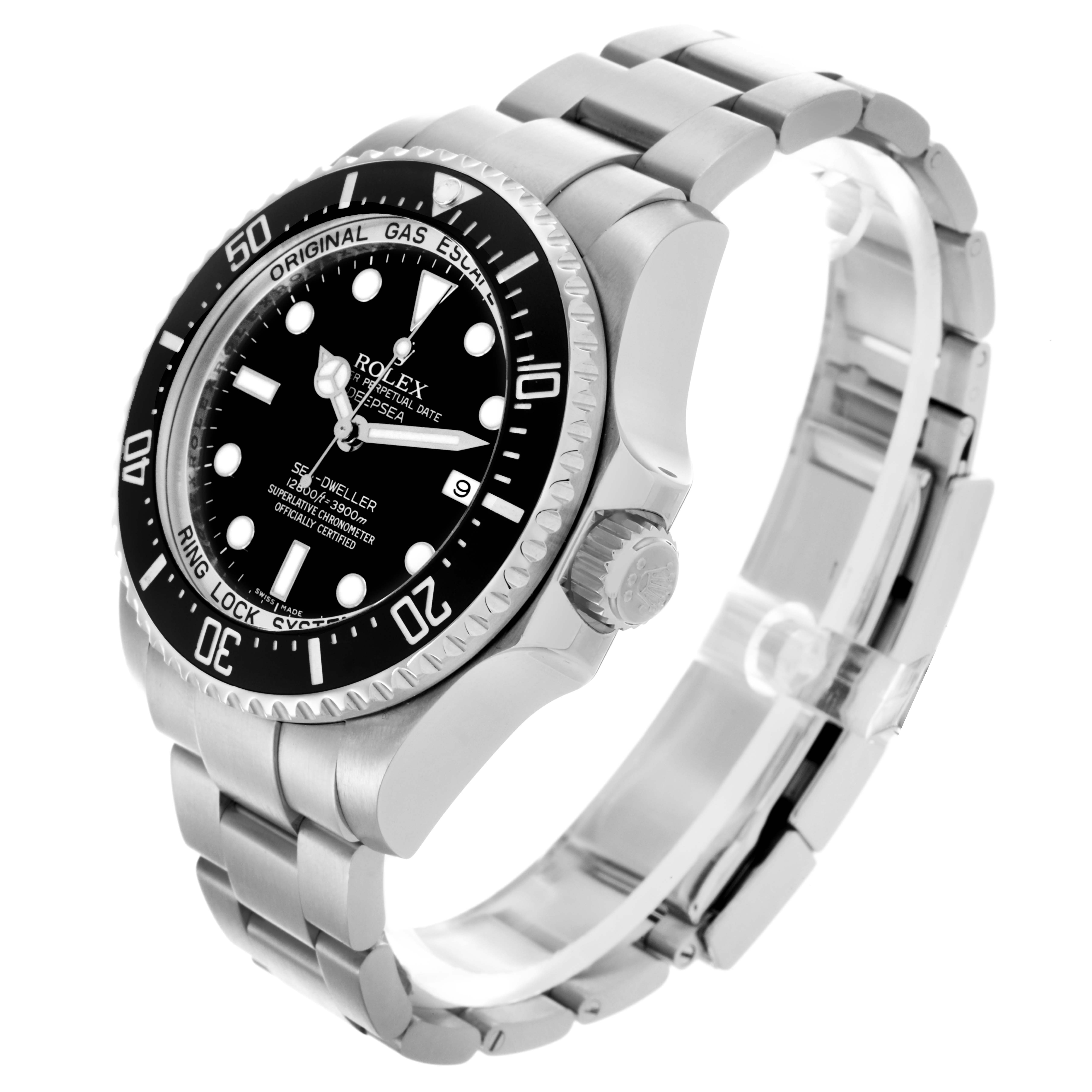 The Rolex Sea-Dweller 116660 Men's Stainless Steel Black Dial 116660 Men's Stainless Steel Black Dial watch is shown at an angled side view, highlighting the dial, bezel, crown, and bracelet.