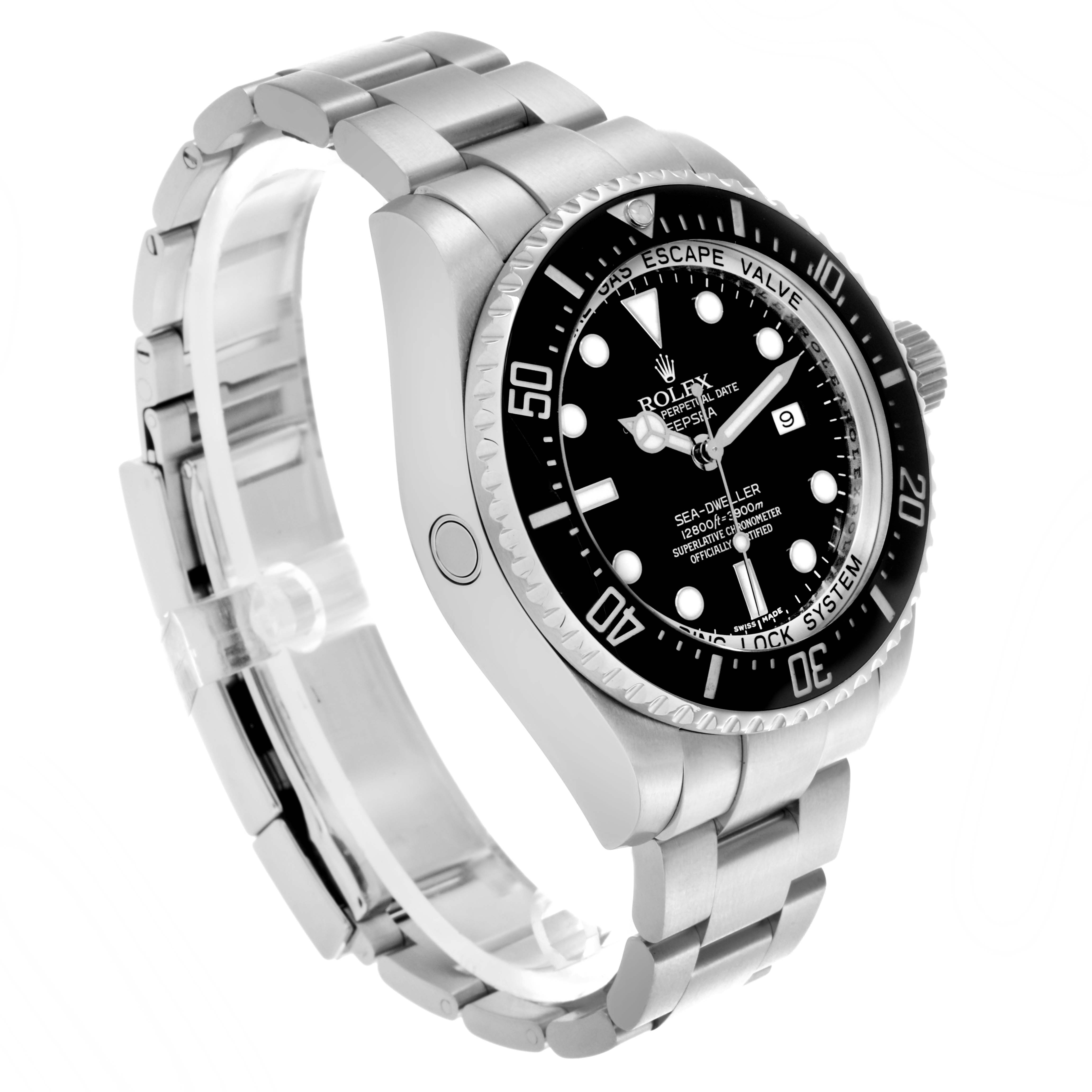 The Rolex Sea-Dweller 116660 Men's Stainless Steel Black Dial 116660 Men's Stainless Steel Black Dial watch is shown at an angled side view, highlighting the face, bezel, bracelet, and crown.