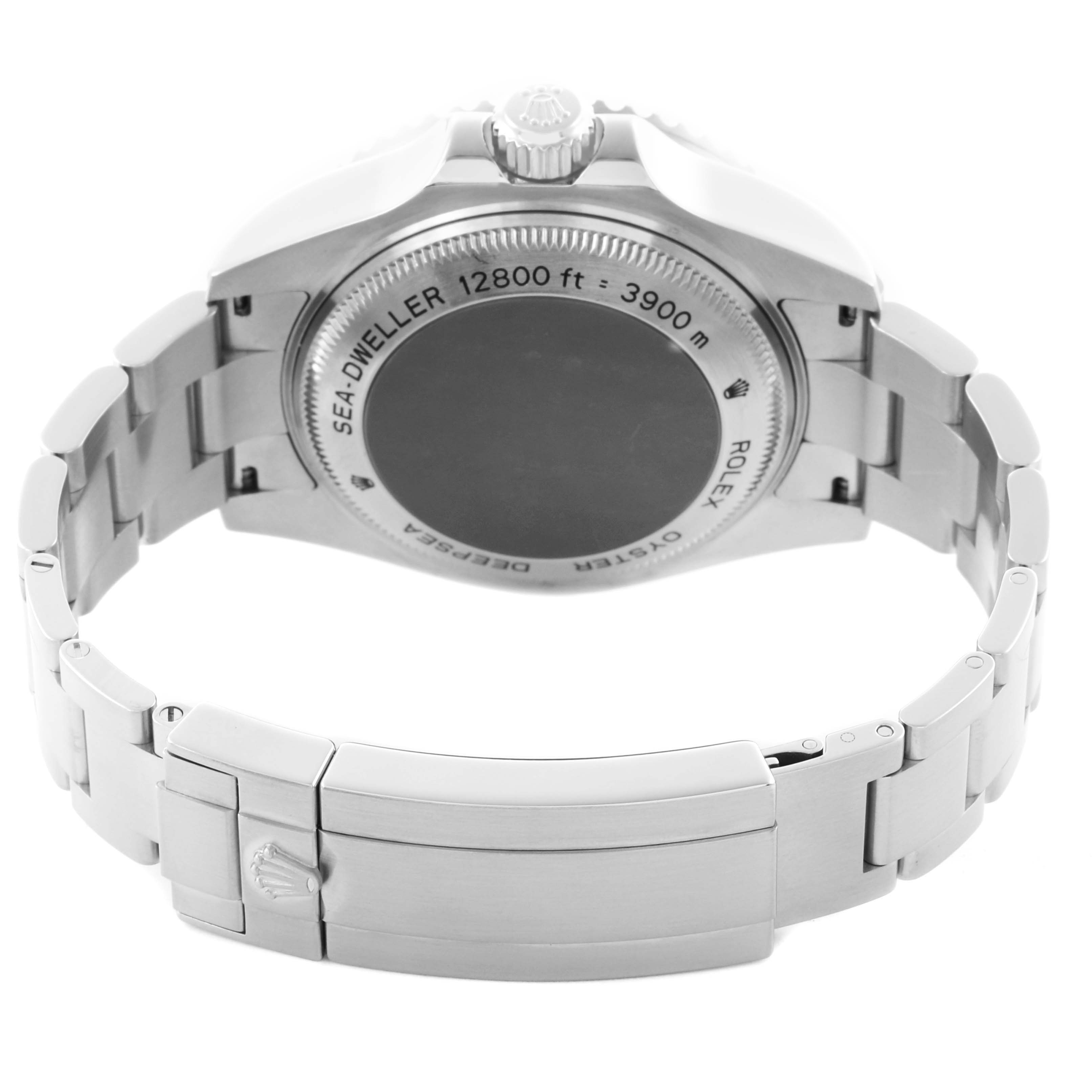 The Rolex Sea-Dweller 116660 Men's Stainless Steel Black Dial 116660 Men's Stainless Steel Black Dial is shown from the back, highlighting the case back, crown, and bracelet.