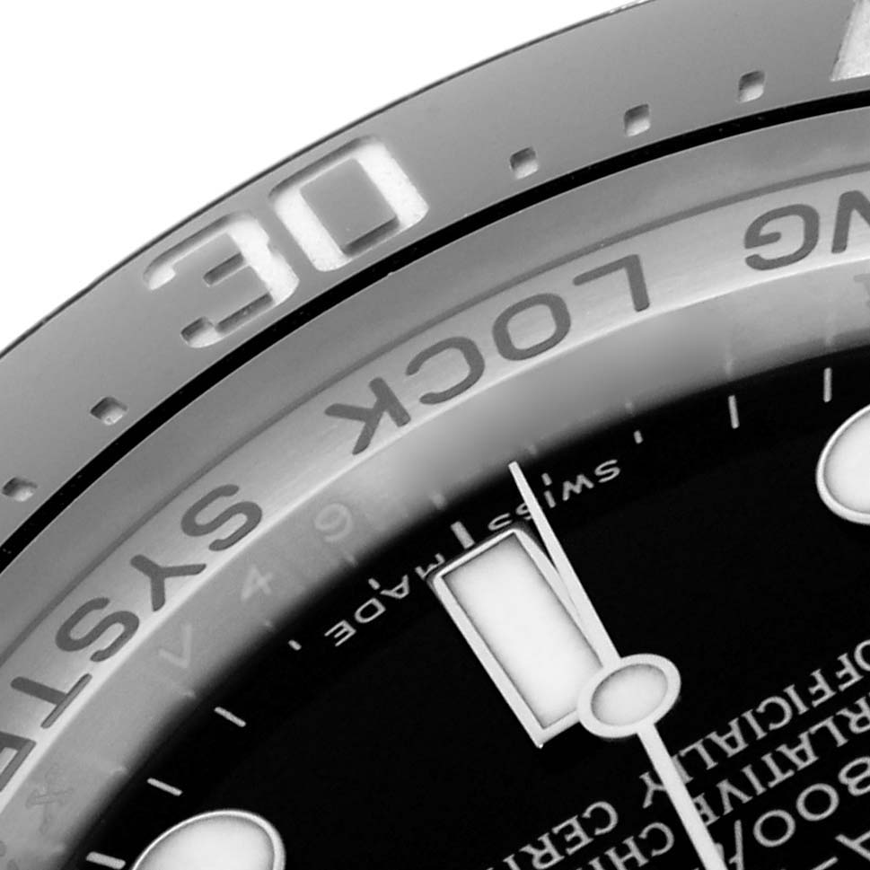 The image shows a close-up of the bezel and part of the dial of a Rolex Sea-Dweller 116660 Men's Stainless Steel Black Dial 116660 Men's Stainless Steel Black Dial, highlighting the "30" mark and "LOCK SYSTEM" text.