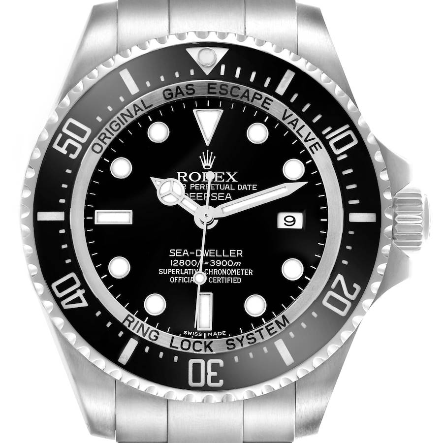 The Rolex Sea-Dweller watch is shown from a front angle, highlighting its dial, bezel, hands, and crown.