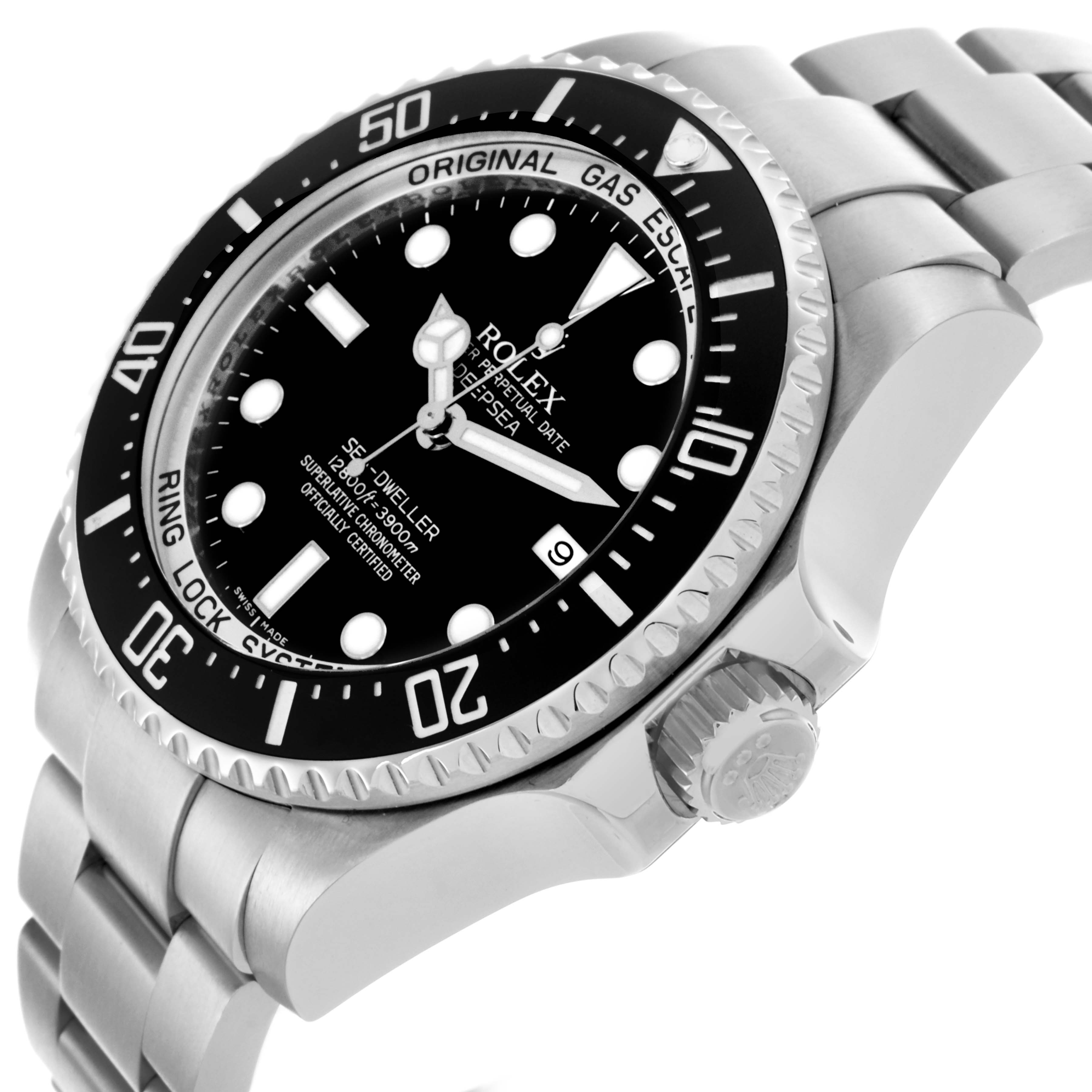 The image shows a Rolex Sea-Dweller 116660 Men's Stainless Steel Black Dial 116660 Men's Stainless Steel Black Dial watch from a side angle, highlighting the bezel, dial, crown, and bracelet.