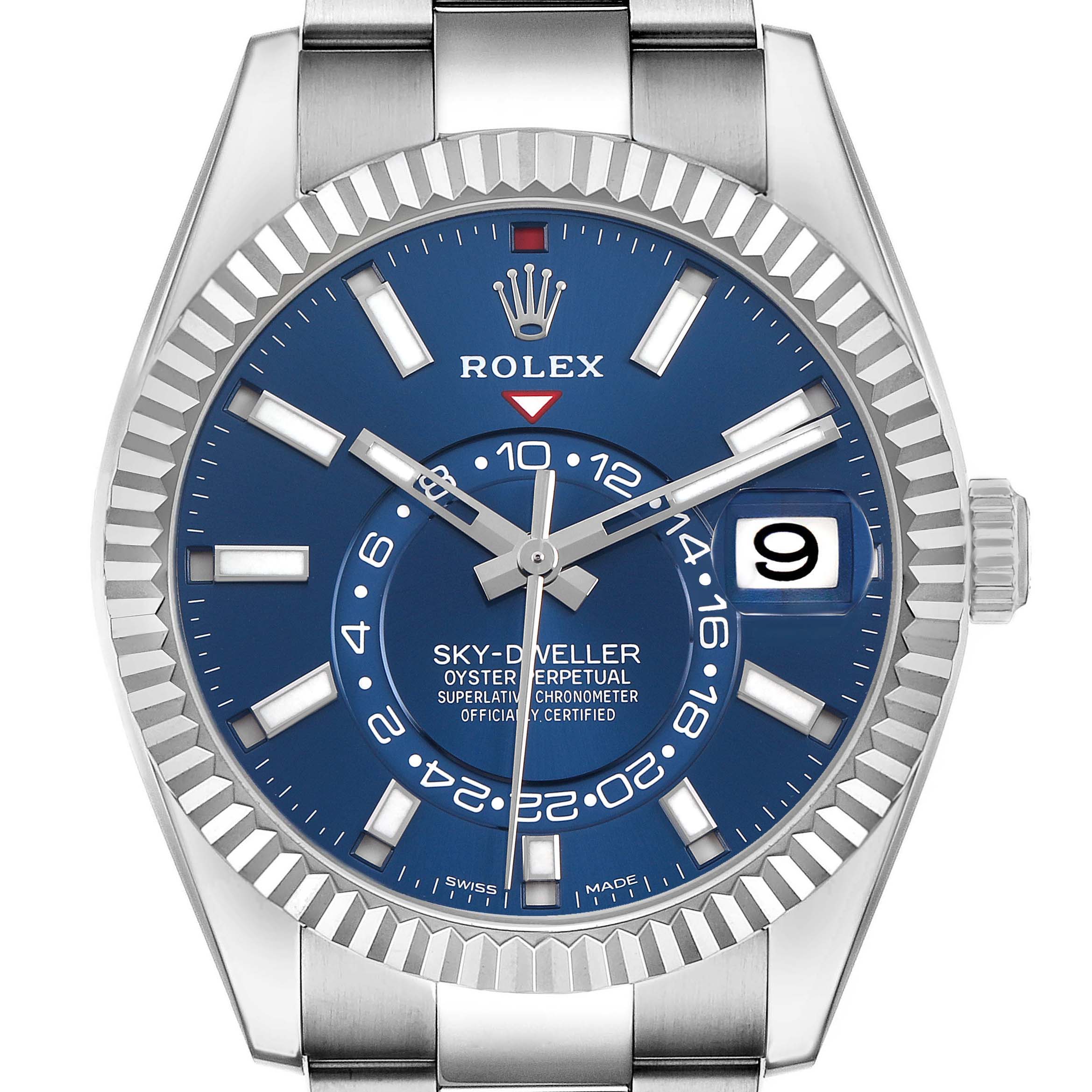 The Rolex Sky-Dweller 326934 Men's Stainless Steel Blue Dial watch is shown from the front, displaying its blue dial, hour markers, hands, and fluted bezel.