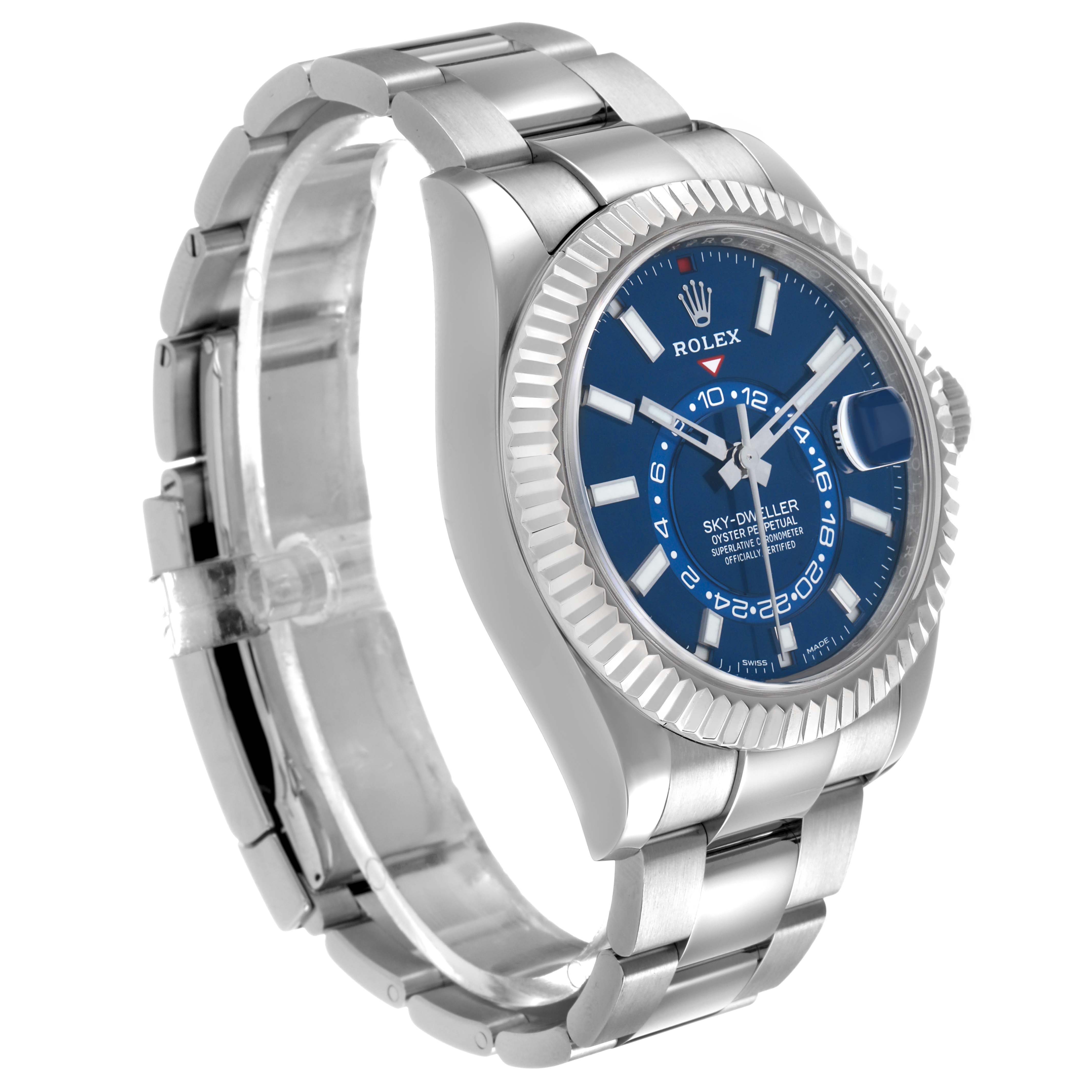 The Rolex Sky-Dweller 326934 Men's Stainless Steel Blue Dial watch is shown from a front-left angle, highlighting the dial, bezel, crown, and part of the bracelet.