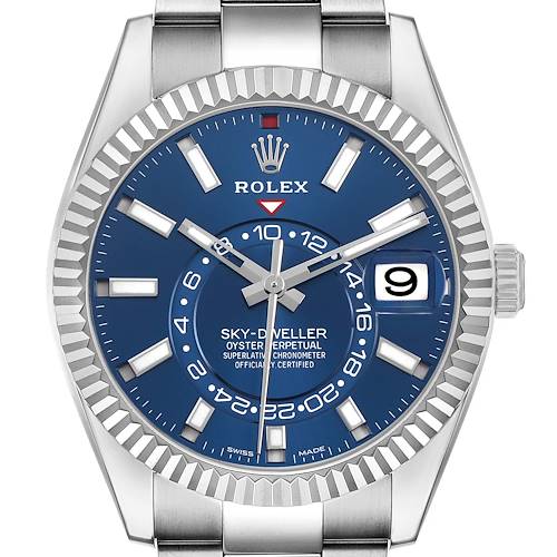 The Rolex Sky-Dweller 326934 Men's Stainless Steel Blue Dial is shown from the front, displaying the blue dial, hands, bezel, and date window.
