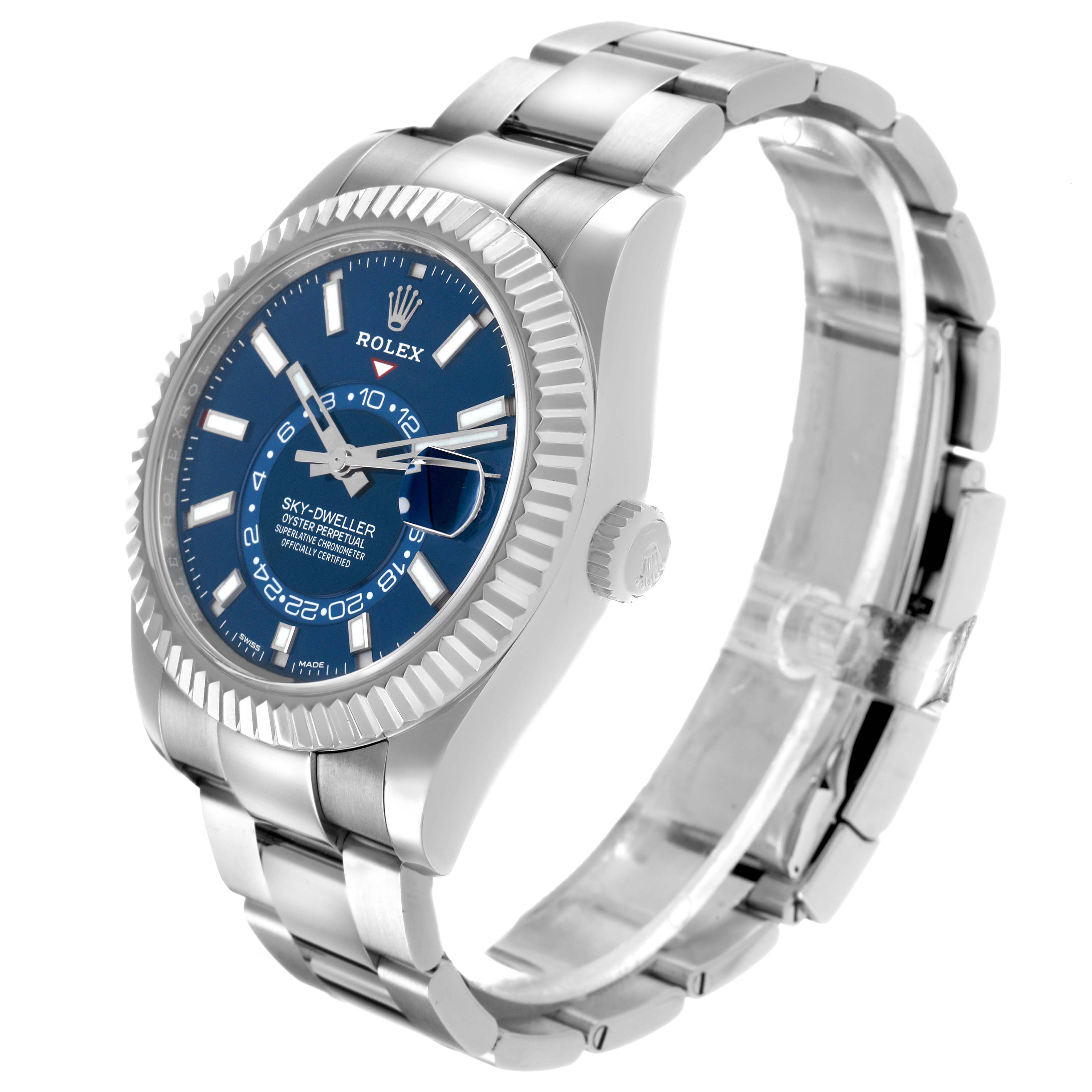 The Rolex Sky-Dweller 326934 Men's Stainless Steel Blue Dial watch is shown at a slight angle, highlighting its blue dial, bezel, and part of the bracelet.