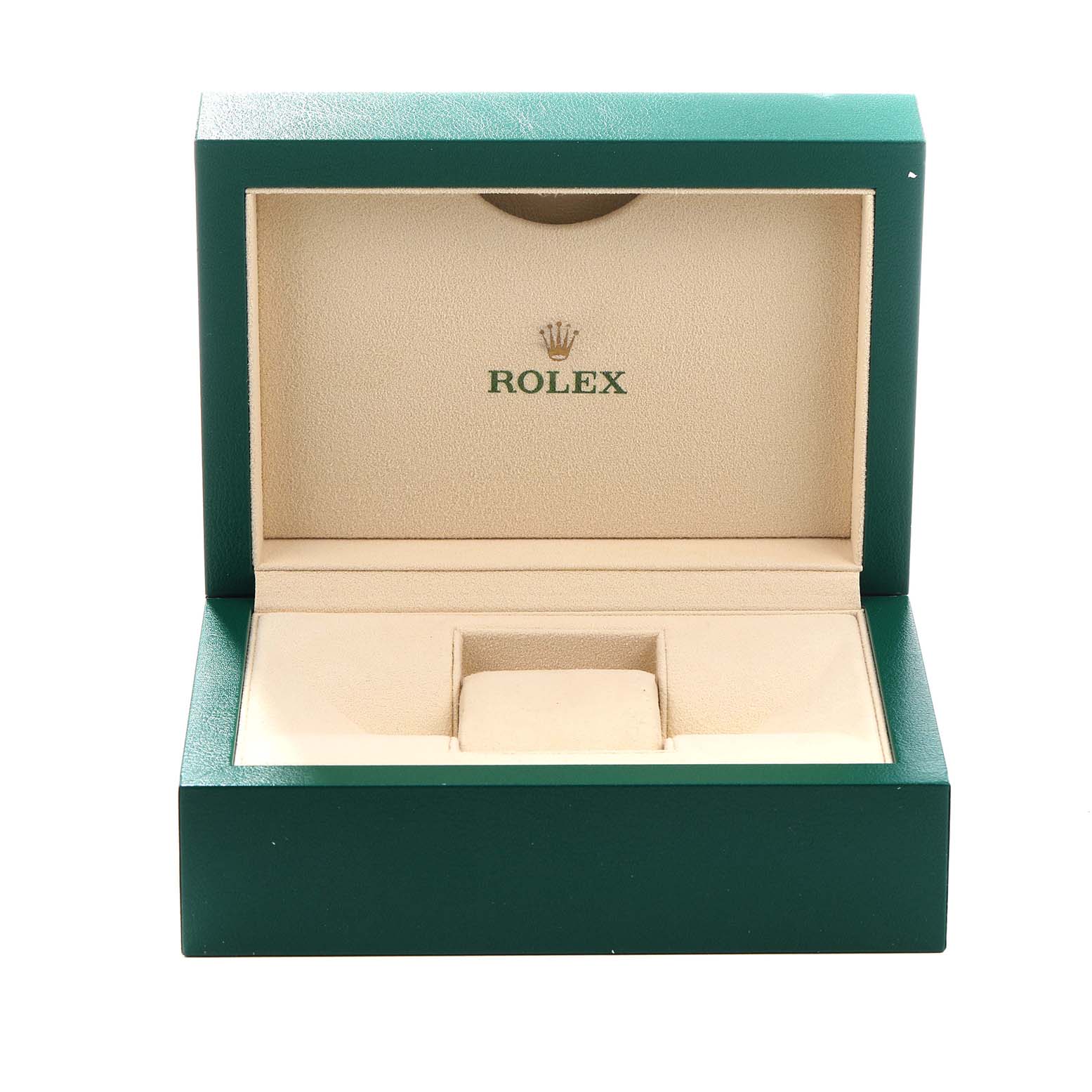 The image shows an open Rolex Sky-Dweller 326934 Men's Stainless Steel Blue Dial watch box from a front angle, featuring a green outer case and beige interior.
