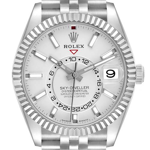 The Rolex Sky-Dweller 336934 Men's Stainless Steel White Dial watch is shown from the front, highlighting the face, bezel, and a portion of the bracelet.