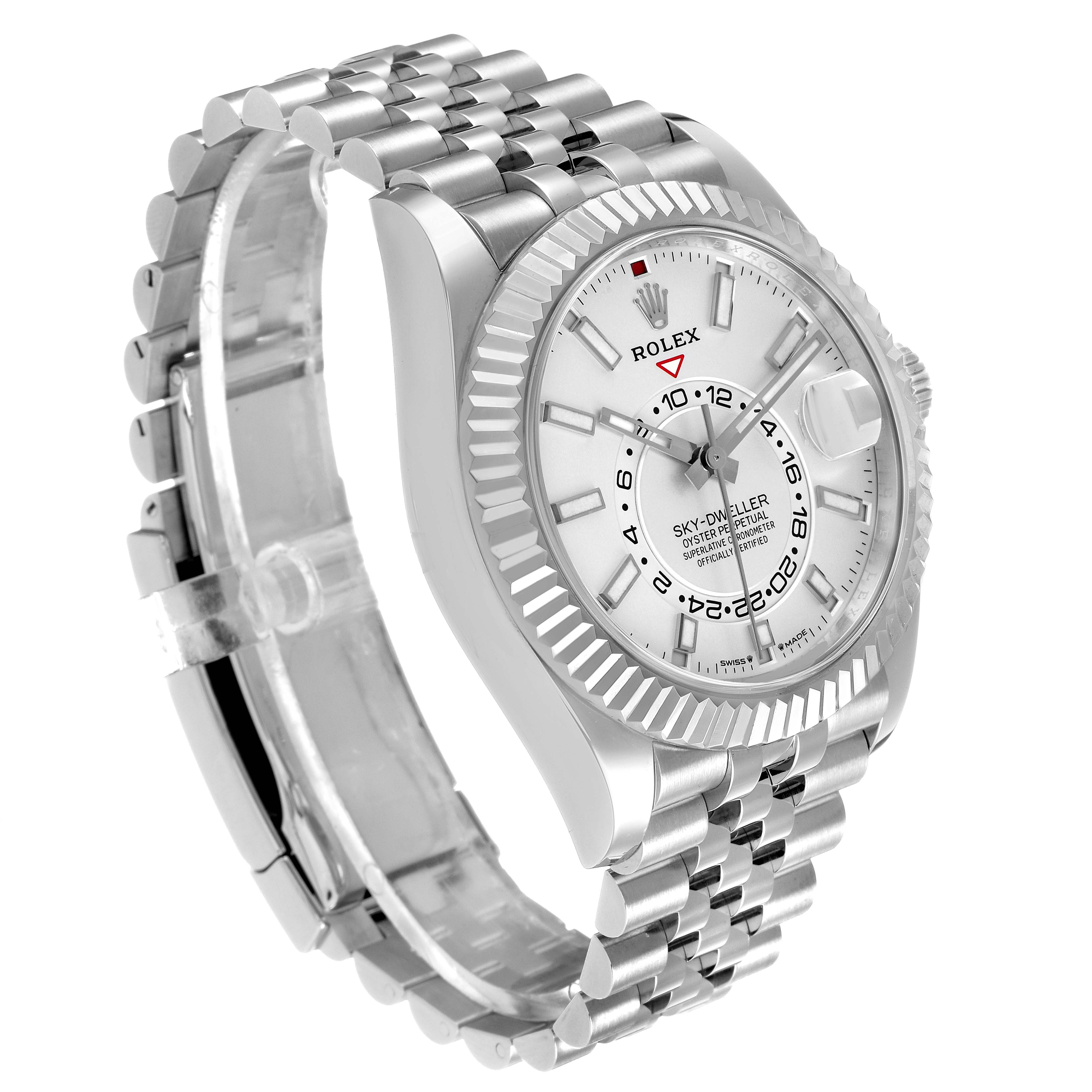 The Rolex Sky-Dweller 336934 Men's Stainless Steel White Dial watch is shown from an angled side-front view, highlighting the bracelet, bezel, and dial.