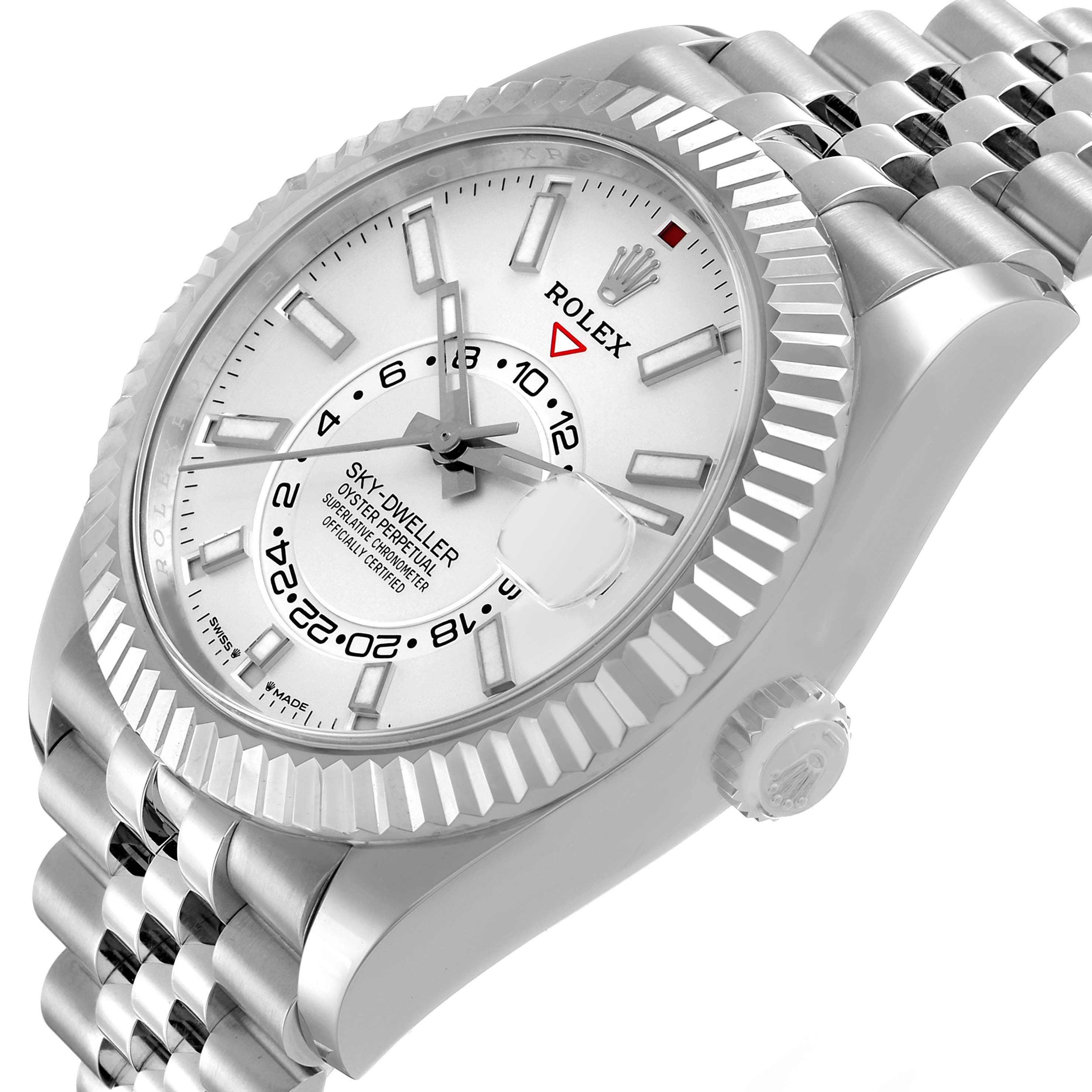 The Rolex Sky-Dweller 336934 Men's Stainless Steel White Dial watch is shown at a slight angle, displaying the face, bezel, crown, and part of the bracelet.