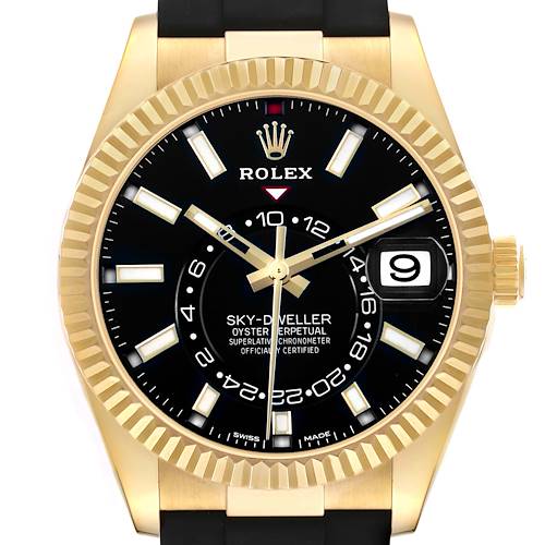 The image shows a front angle of a Rolex Sky-Dweller 326238 Men's Yellow Gold Black Dial, highlighting its black dial, gold bezel, and date window.