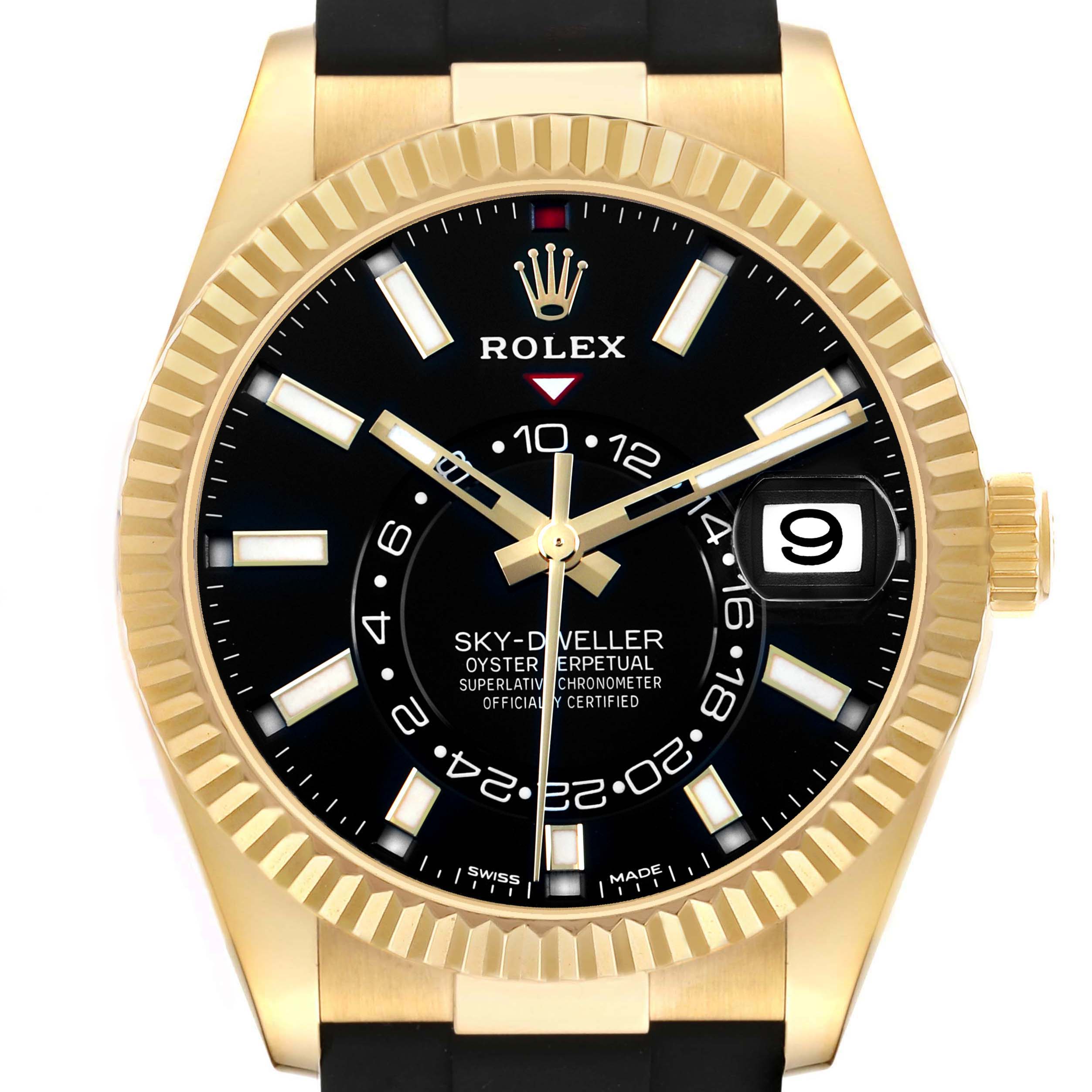 The Rolex Sky-Dweller 326238 Men's Yellow Gold Black Dial is shown from a front angle displaying the entire watch face, bezel, and part of the strap.