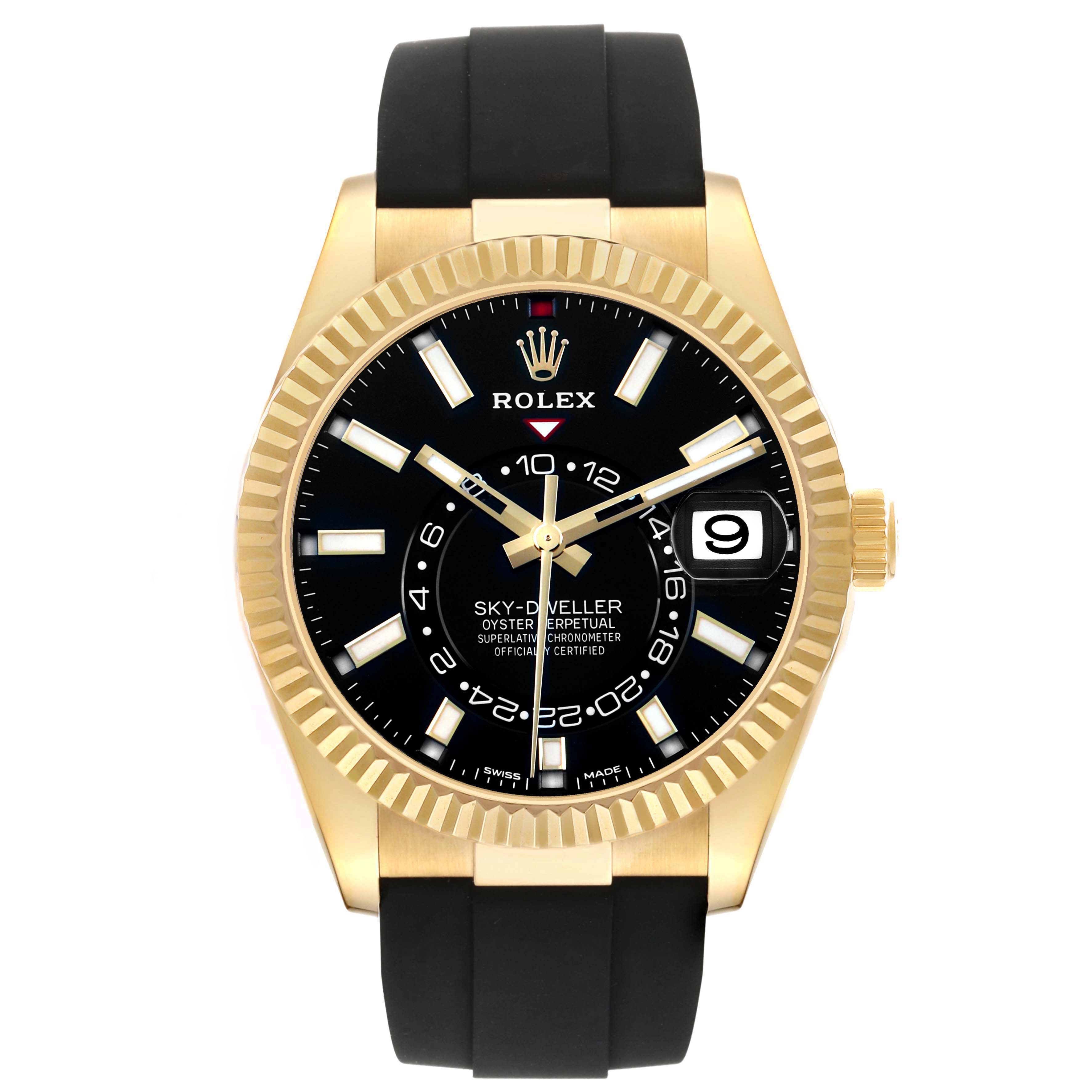 The watch is shown from the front, displaying the dial, bezel, and part of the black strap of the Rolex Sky-Dweller 326238 Men's Yellow Gold Black Dial.