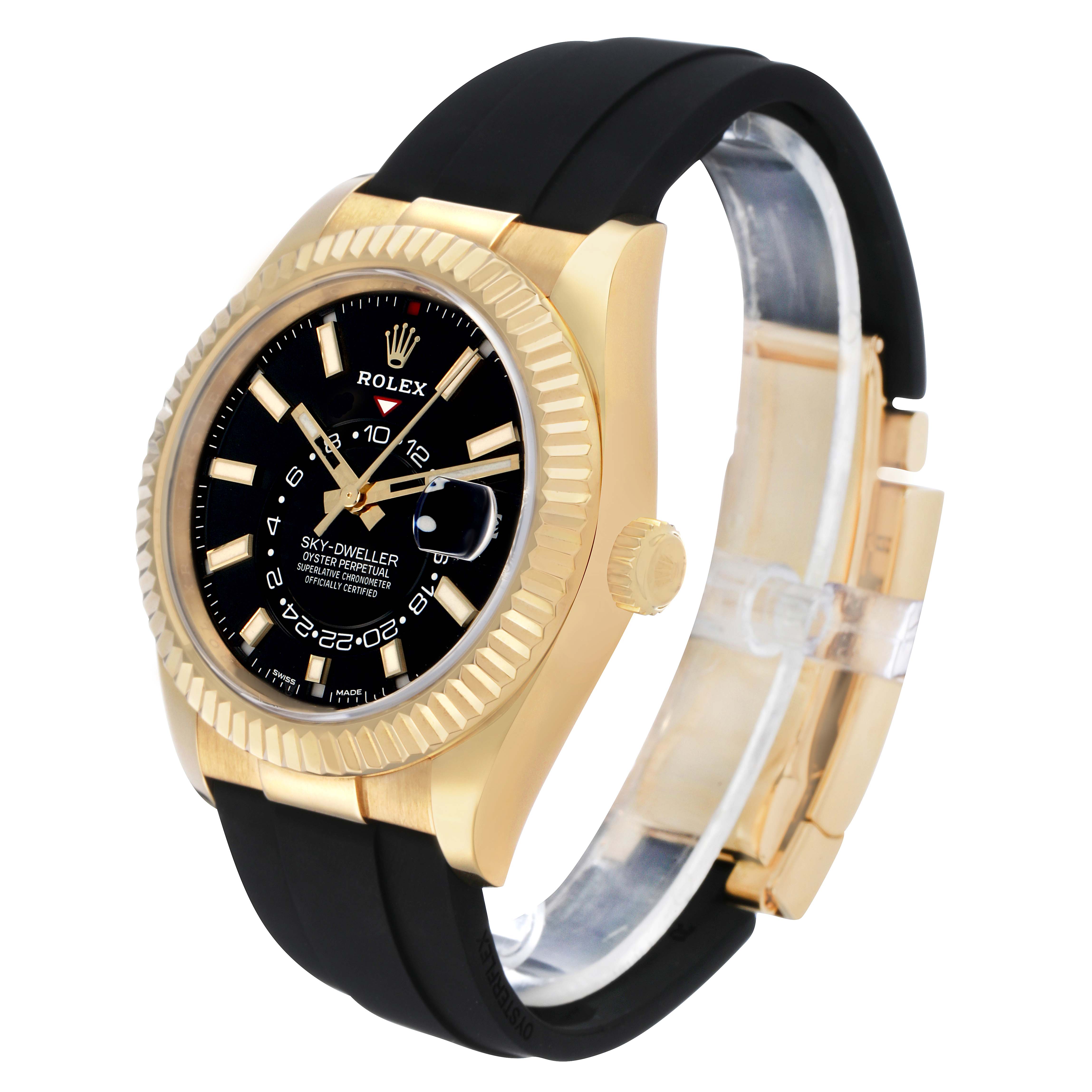The Rolex Sky-Dweller 326238 Men's Yellow Gold Black Dial watch is shown at an angle highlighting the face, bezel, crown, and black strap.