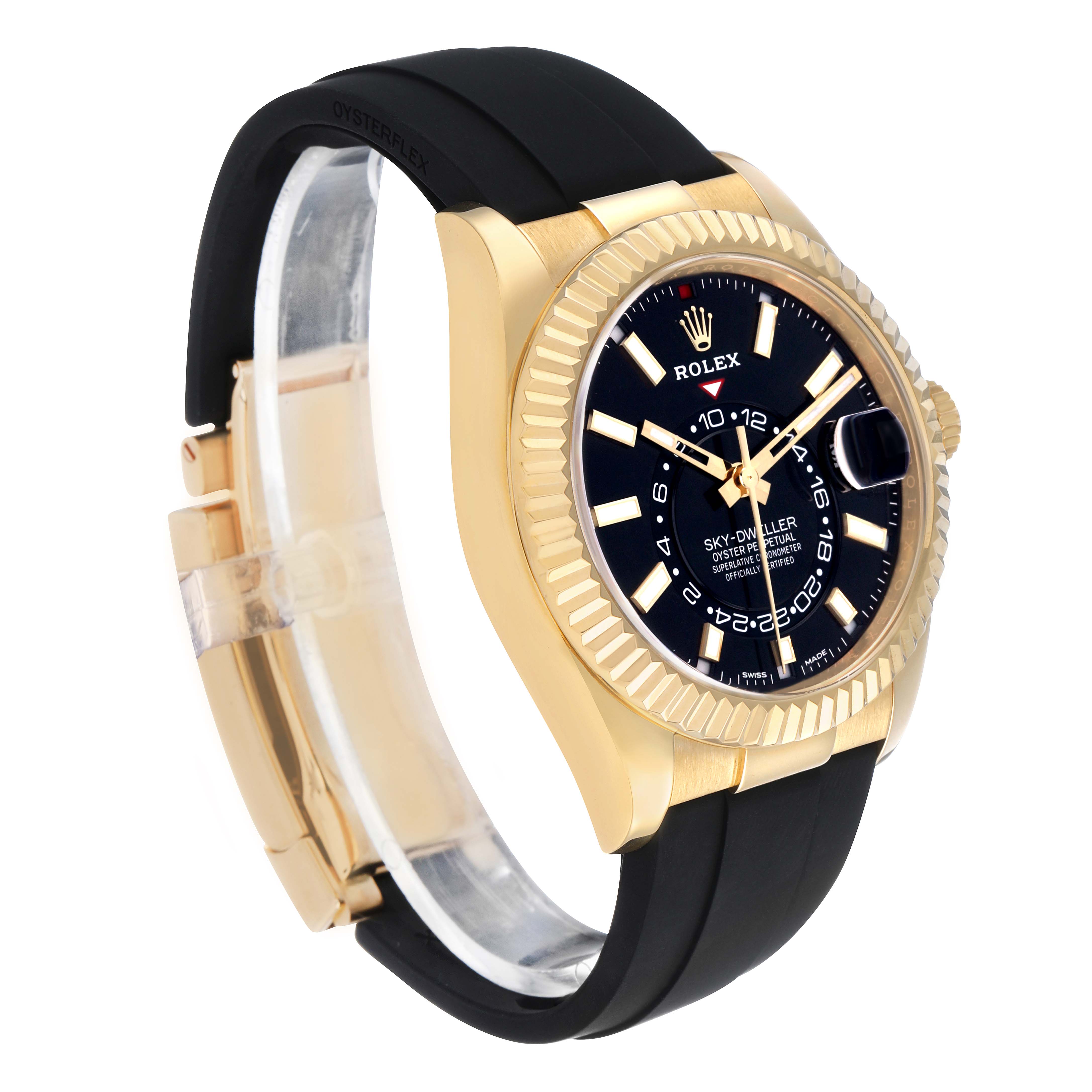 The Rolex Sky-Dweller 326238 Men's Yellow Gold Black Dial is shown at a slight angle, revealing the black dial, gold casing, and rubber strap.