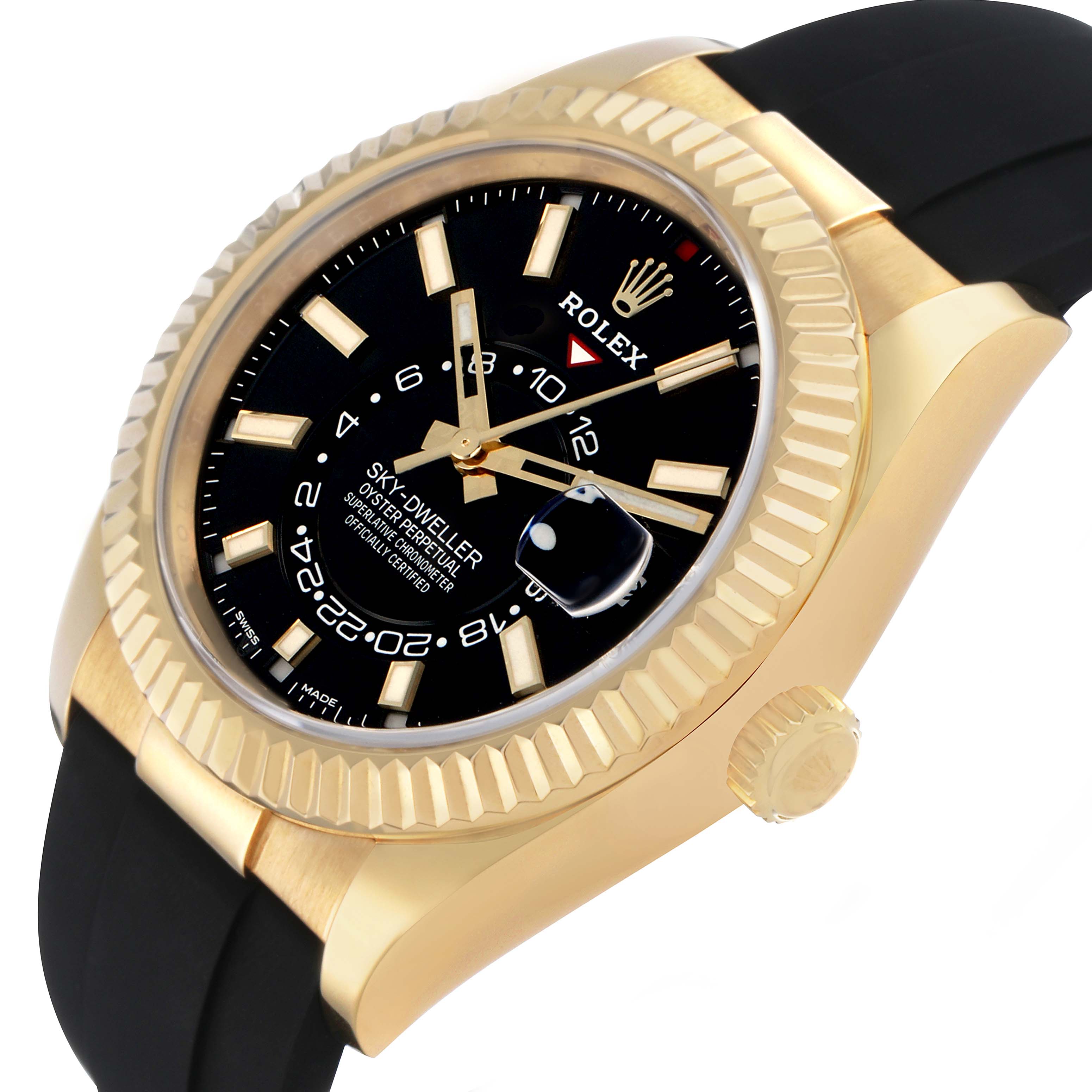 The Rolex Sky-Dweller 326238 Men's Yellow Gold Black Dial watch is shown at a slight angle, highlighting the black dial, gold bezel, and crown.