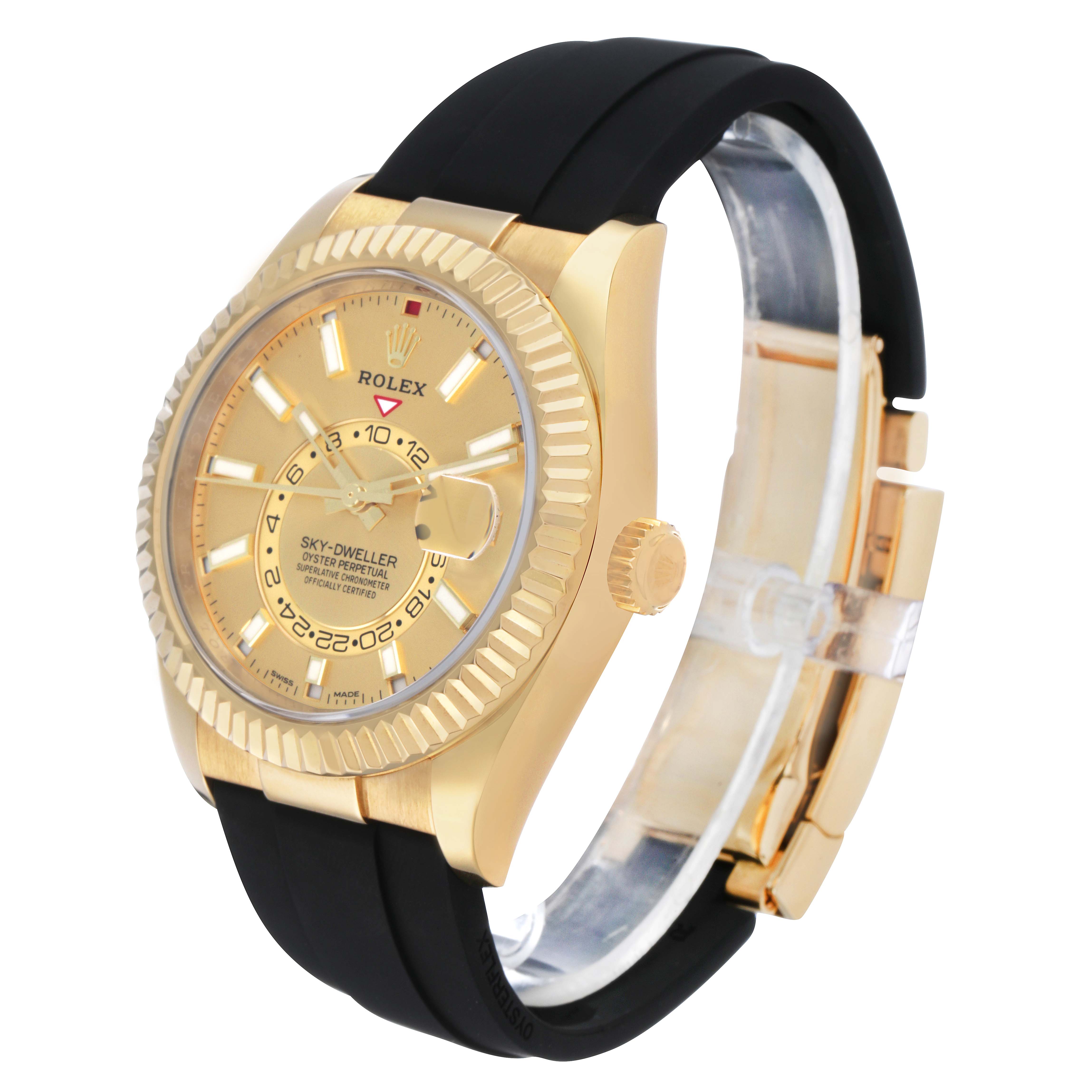 The Rolex Sky-Dweller 326238 Men's Yellow Gold Champagne Dial watch is shown at a slight side angle, displaying the dial, bezel, crown, and part of the bracelet.
