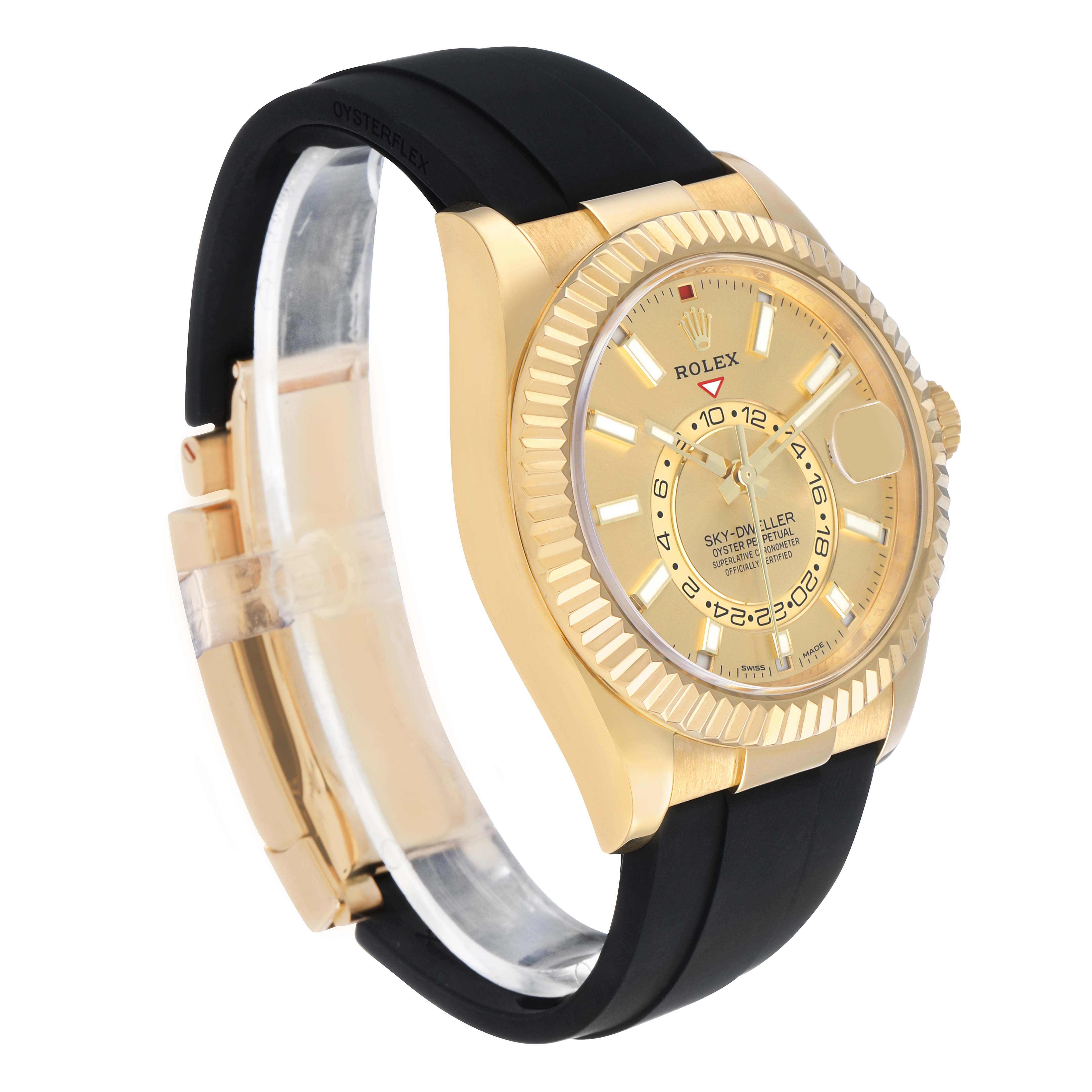 The Rolex Sky-Dweller 326238 Men's Yellow Gold Champagne Dial watch is shown at an angled side view, highlighting the gold case, dial, and black Oysterflex strap.
