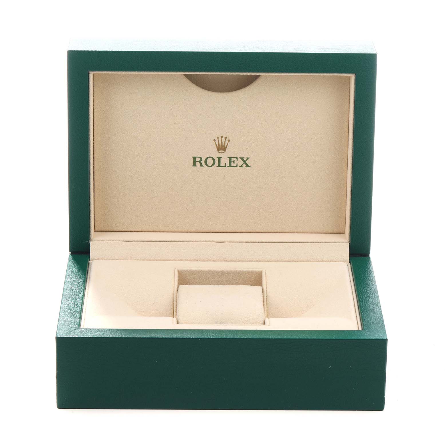 This image shows an open Rolex Sky-Dweller 326238 Men's Yellow Gold Champagne Dial watch box with a cream interior and the Rolex logo.