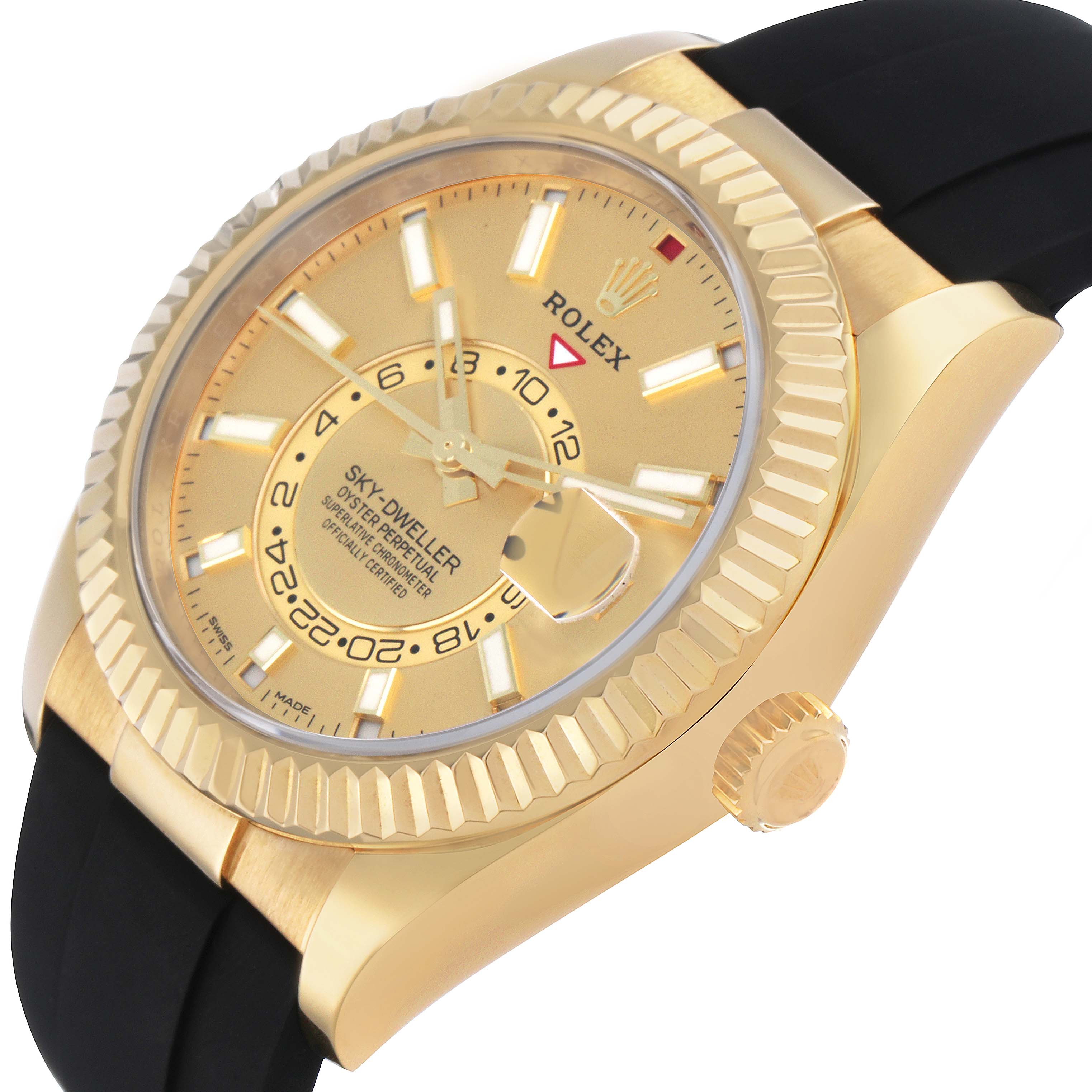 The Rolex Sky-Dweller 326238 Men's Yellow Gold Champagne Dial watch is shown at a slight angle, displaying the dial, bezel, crown, and strap.