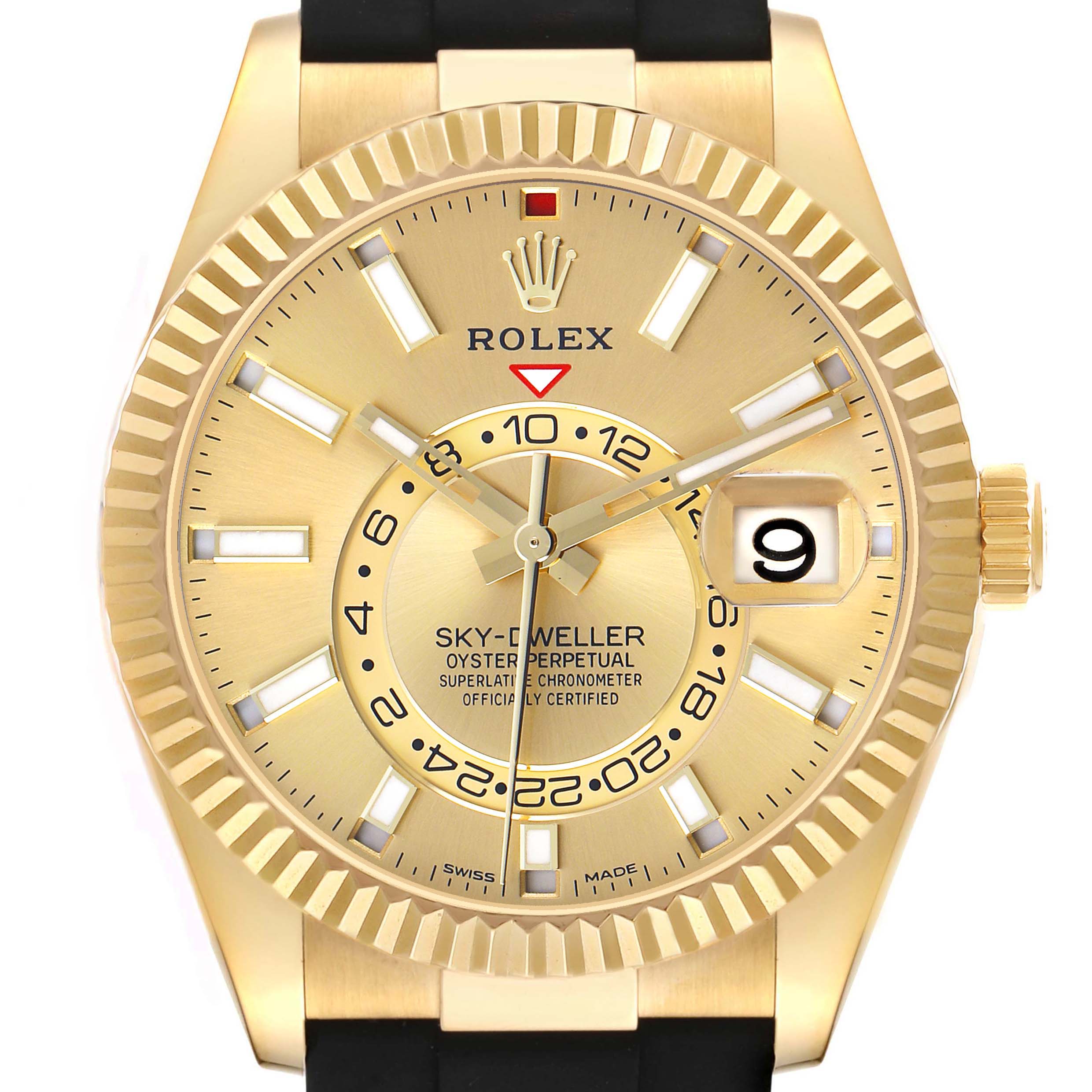 The Rolex Sky-Dweller 326238 Men's Yellow Gold Champagne Dial watch is shown from a front angle, highlighting its gold case, bezel, and dial details.