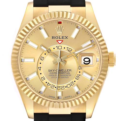 The Rolex Sky-Dweller 326238 Men's Yellow Gold Champagne Dial watch is shown from a front angle, highlighting its dial, bezel, and crown.