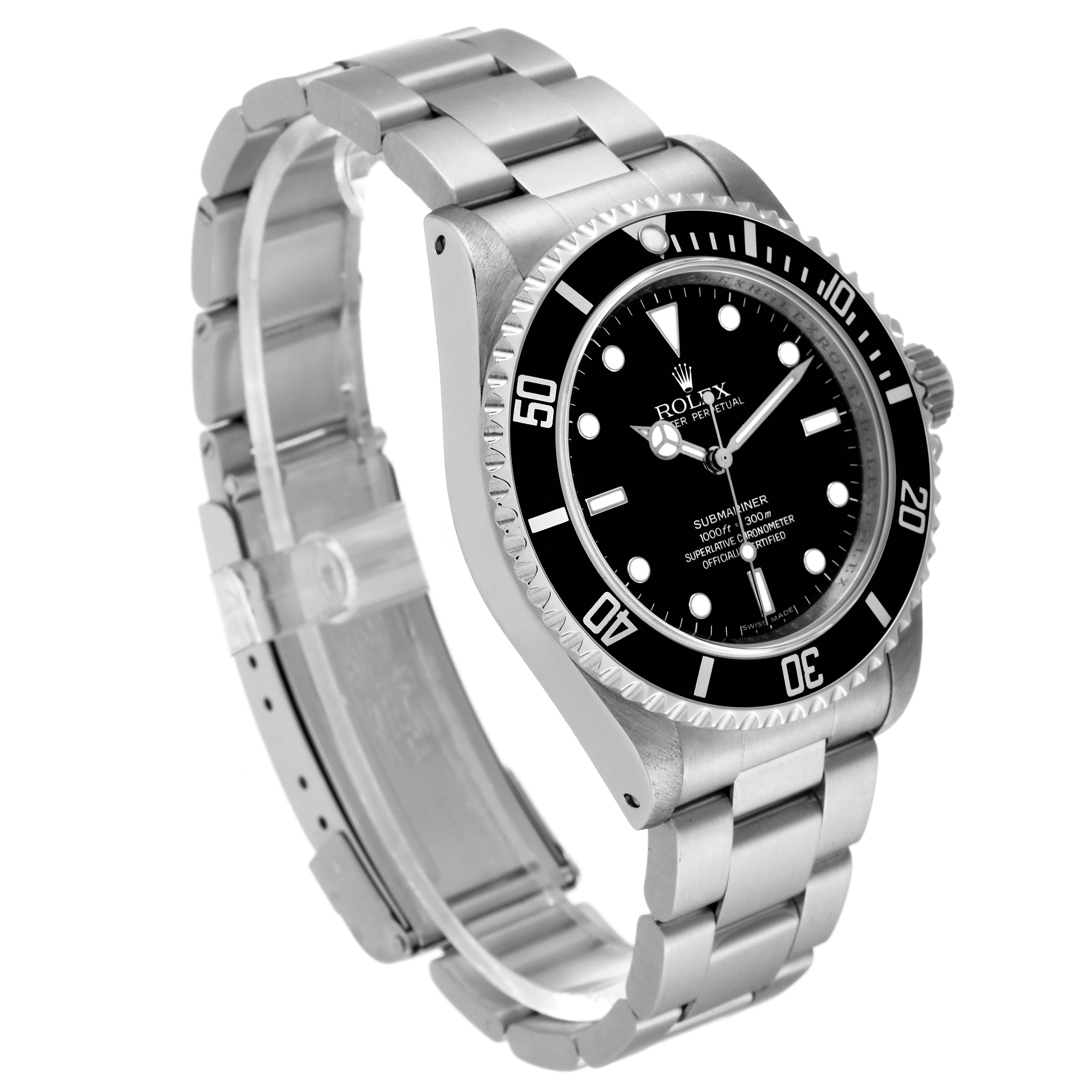 The image shows a Rolex Submariner 14060M Men
s Stainless Steel Black Dial 14060M Men
s Stainless Steel Black Dial watch from an angled viewpoint, displaying the case, bezel, dial, and bracelet in significant detail.