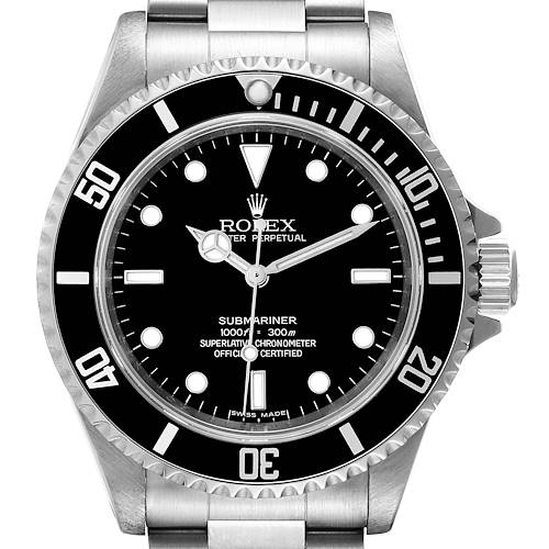 This image shows a front view of a Rolex Submariner watch, highlighting its black dial, bezel, and stainless steel band.