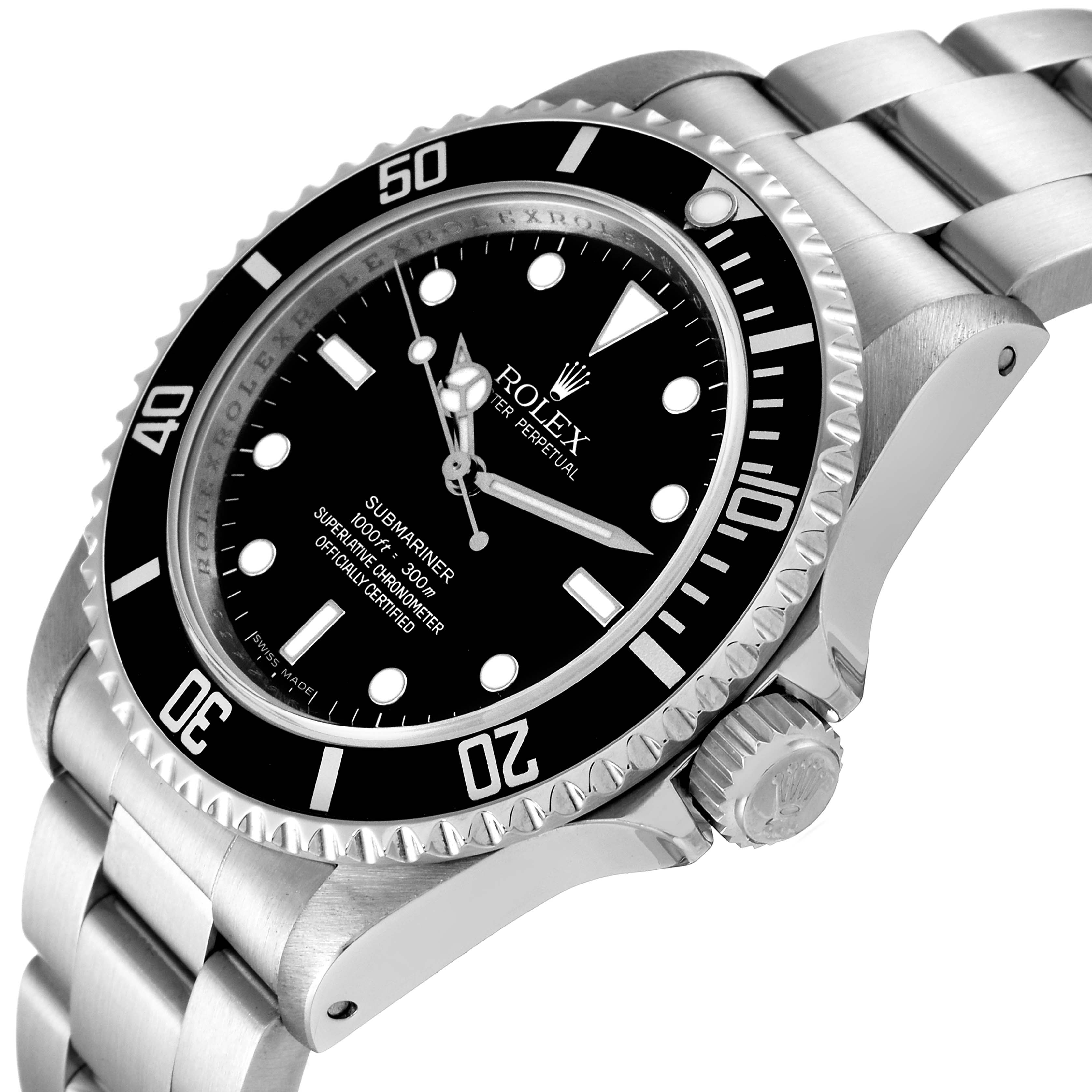 This image shows a side angled view of a Rolex Submariner 14060M Men
s Stainless Steel Black Dial 14060M Men
s Stainless Steel Black Dial watch, capturing the face, bezel, crown, and part of the bracelet.