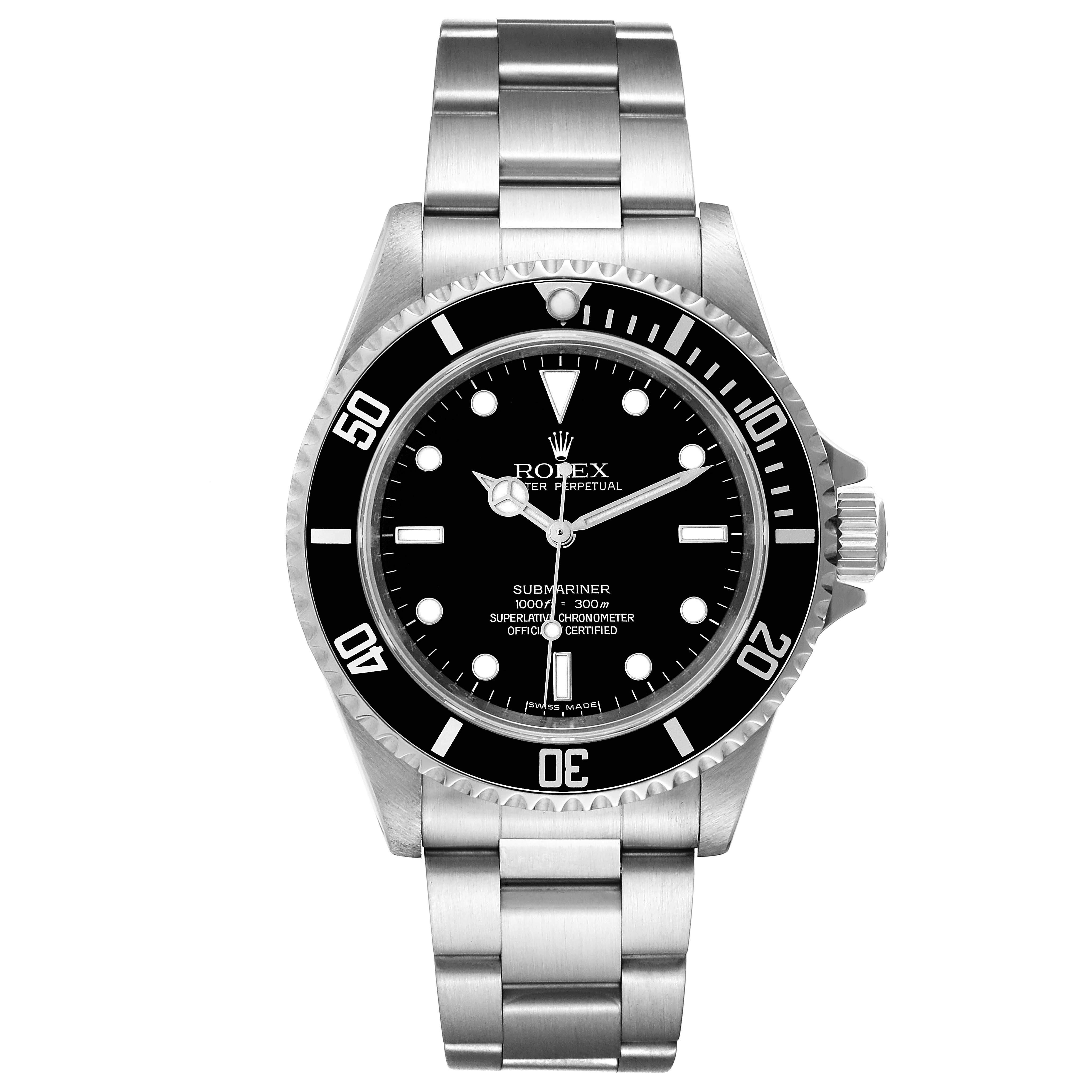 The image shows the Rolex Submariner 14060M Men
s Stainless Steel Black Dial 14060M Men
s Stainless Steel Black Dial watch from a top-down angle, highlighting the face, bezel, and bracelet.