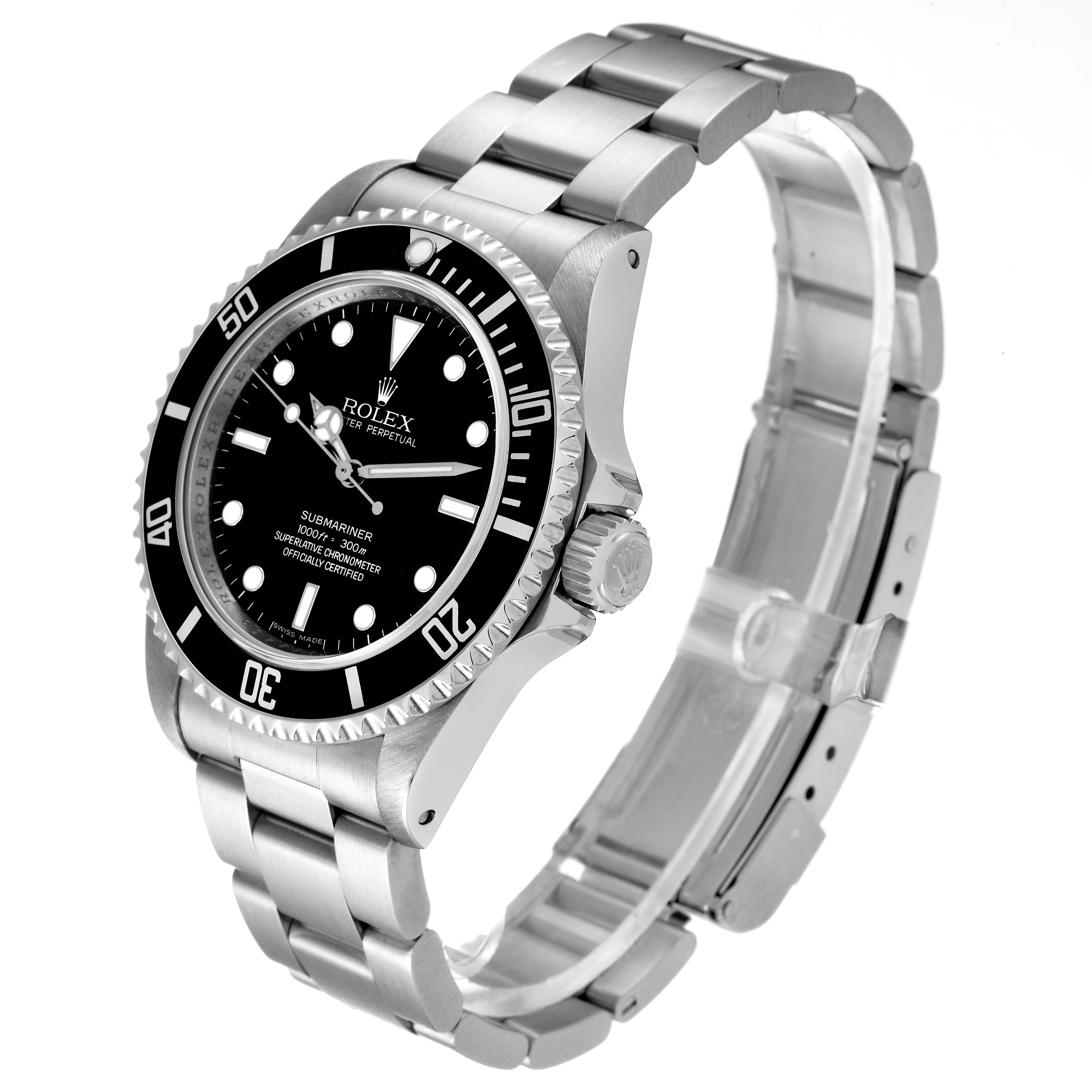 The image shows a Rolex Submariner 14060M Men
s Stainless Steel Black Dial 14060M Men
s Stainless Steel Black Dial watch at a slight angle, highlighting its face, bezel, crown, and metal bracelet.