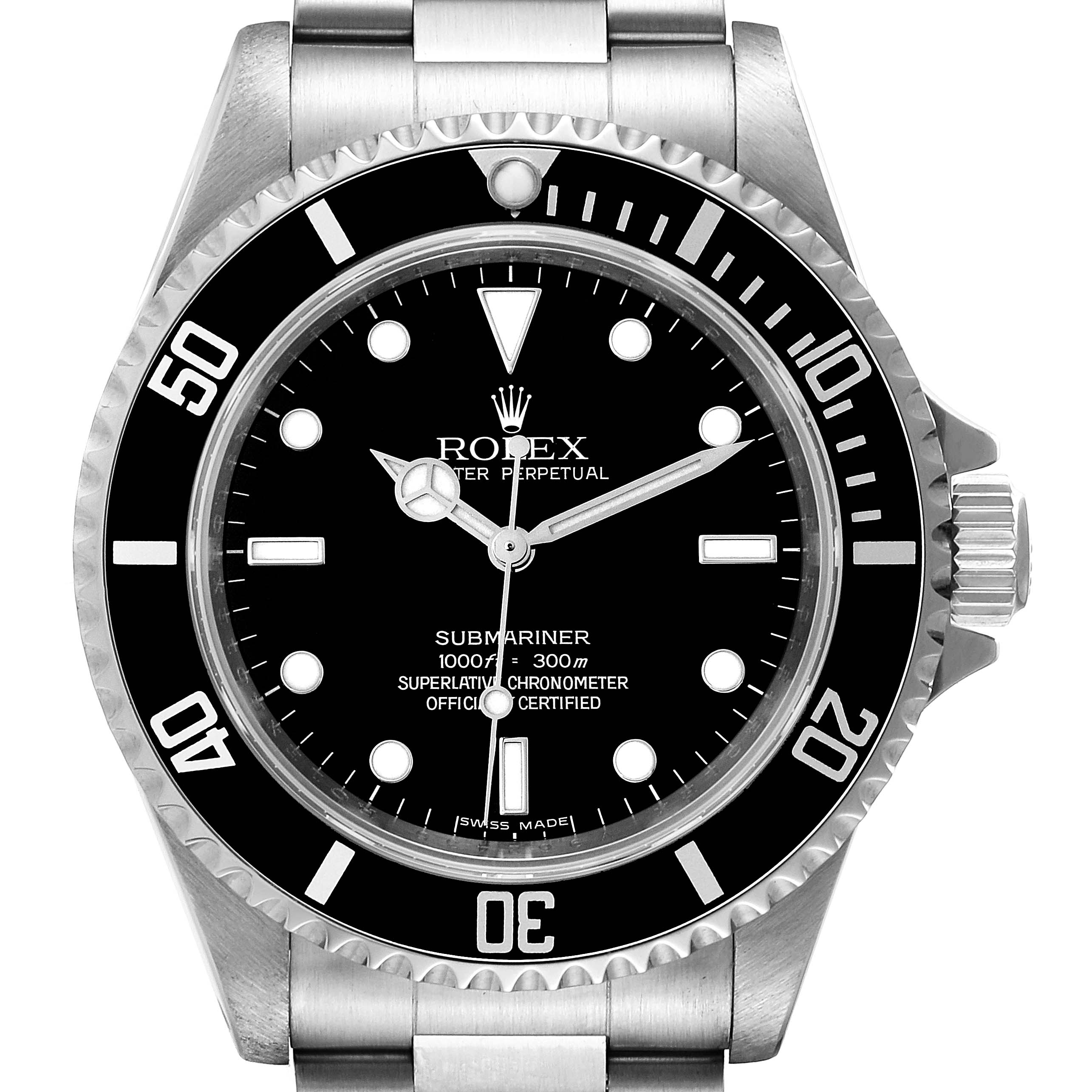 This image displays a front view of a Rolex Submariner 14060M Men
s Stainless Steel Black Dial 14060M Men
s Stainless Steel Black Dial watch, showcasing the dial, bezel, crown, and part of the stainless steel bracelet.