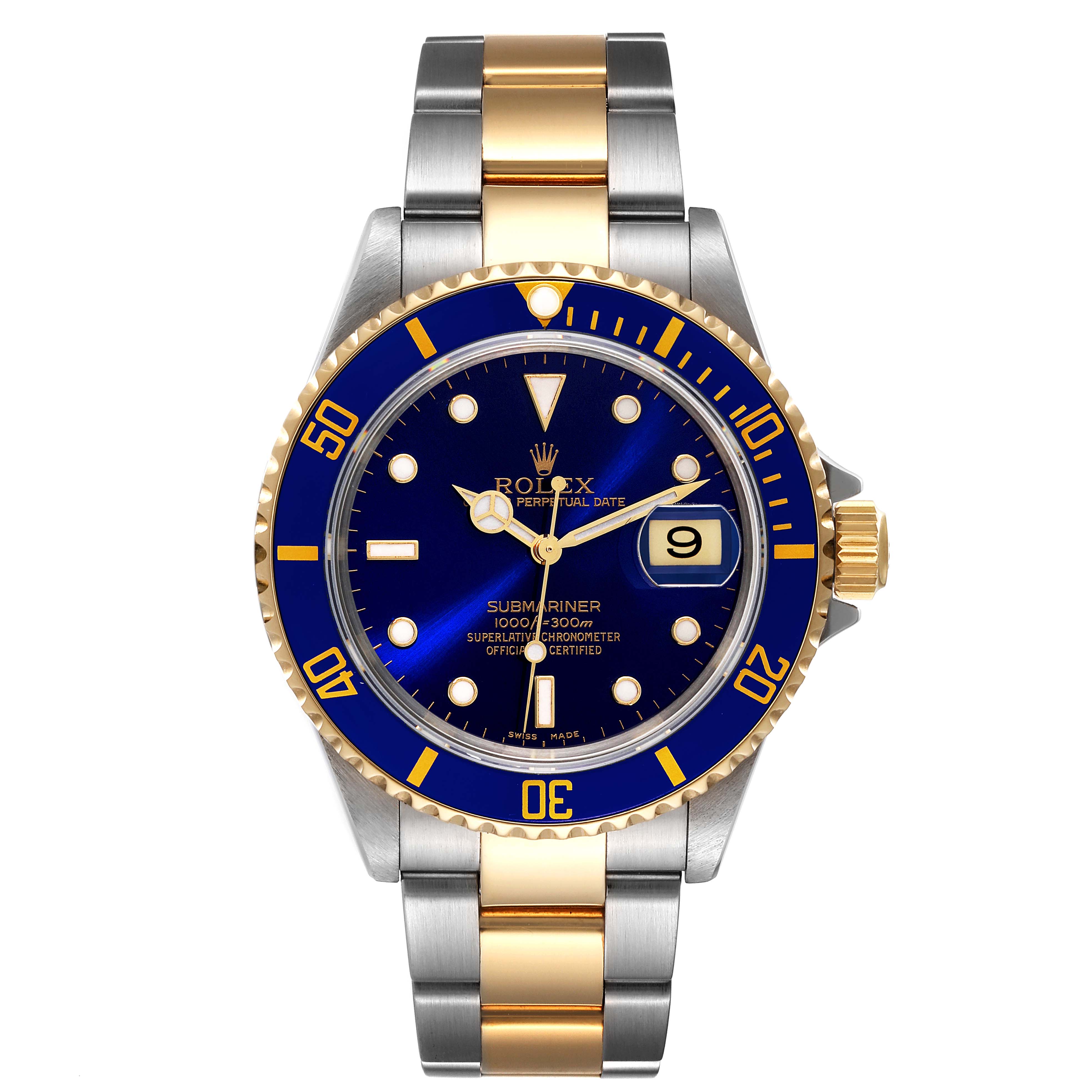 The Rolex Submariner 16613 Men
s Steel and Gold (two tone) Blue Dial 16613 Men
s Steel and Gold (two tone) Blue Dial watch is shown from a top-down angle, displaying the face and full bracelet.