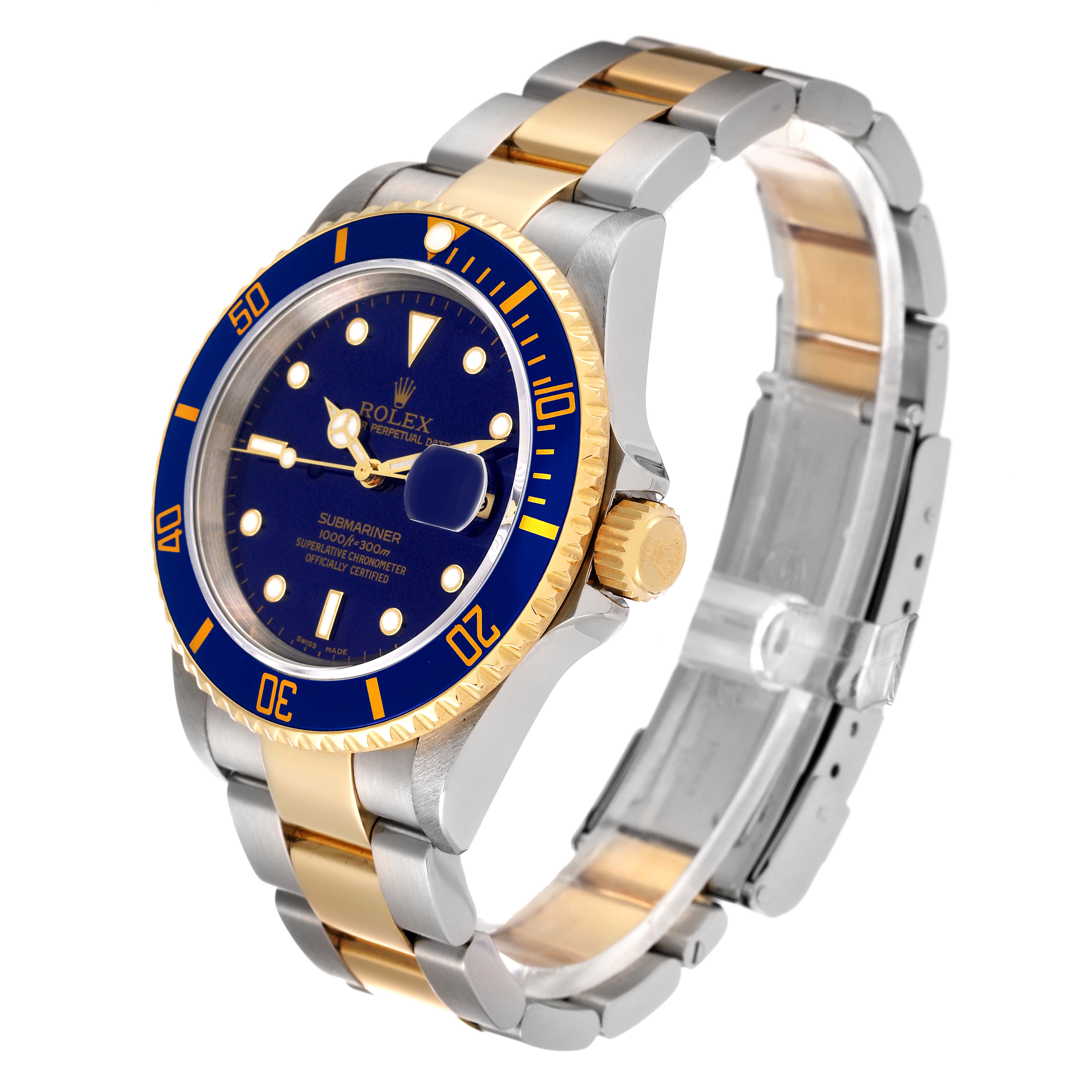 The Rolex Submariner 16613 Men
s Steel and Gold (two tone) Blue Dial 16613 Men
s Steel and Gold (two tone) Blue Dial watch is shown from an angled top-down view, highlighting its bezel, dial, and bracelet.